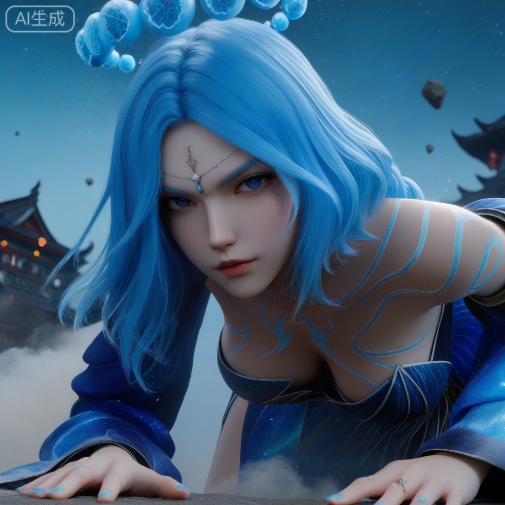 sfw,masterpiece,highres,realistic,3D Model,cowbody shot,
1girl,,blue dress,hair ornament,drill hair,braid,cleavage,detached sleeves,bare shoulders,barefoot,blue eyes,braided ponytail,collarbone,gem,east asian architecture,starry sky print,eyelashes,tattoo,bangs,,hanging blue crystal head_hair ball crown
looking at viewer,face focus, eye trail,backlighting,blue theme,depth of field,cinematic lighting,light particles,lens flare,flying debris,dust,smoke,masterpiece,best quality,amazing quality,very aesthetic,absurdres,best quality,newest, (artist:quasarcake:0.8),extreme aesthetic,(wlop:0.9),masterpiece,best quality,good quality,newest,year 2024,year 2023,very aesthetic,absurdres,Visual impact,A shot with tension, ultra-high resolution,32K UHD,sharp focus,best-quality,,Emotionalization,unconventional supreme masterpiece,masterful details,temperate atmosphere,with a high-end texture,in the style of fashion photography, (Visual impact:1.2),giving the poster a dynamic and visually striking appearance,impactful picture,offcial art,colorful,splash of color,movie perspective,

,
,, ,high detailed skin,(detailed skin:1.1), intricate details, ,detailed background,,ray tracing,highly detailed,volumetric lighting,rim light, Depth of Field, perfect body,perfect hand,Beautiful face and eyes with details,perfect hands,,, Best aesthetics, High resolution, Good shading, Contrast shading,,perfect hand, Manicure, exquisite nails,  Looking_At_Viewer, midnight, onnk,foreshortening,
, 
perfect quality, ((poakl)),,LSY,HYPER-DETAILED,3D,, 35mm film photography, INTRICATE, SOFT SHADING,DETAILED TEXTURES