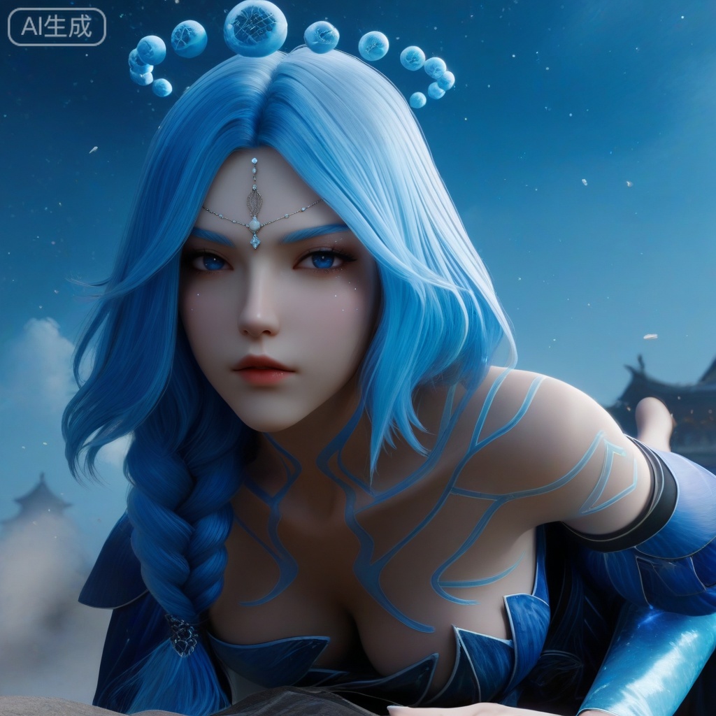 sfw,masterpiece,highres,realistic,3D Model,cowbody shot,
1girl,,blue dress,hair ornament,drill hair,braid,cleavage,detached sleeves,bare shoulders,barefoot,blue eyes,braided ponytail,collarbone,gem,east asian architecture,starry sky print,eyelashes,tattoo,bangs,,hanging blue crystal head_hair ball crown
looking at viewer,face focus, eye trail,backlighting,blue theme,depth of field,cinematic lighting,light particles,lens flare,flying debris,dust,smoke,masterpiece,best quality,amazing quality,very aesthetic,absurdres,best quality,newest, (artist:quasarcake:0.8),extreme aesthetic,(wlop:0.9),masterpiece,best quality,good quality,newest,year 2024,year 2023,very aesthetic,absurdres,Visual impact,A shot with tension, ultra-high resolution,32K UHD,sharp focus,best-quality,,Emotionalization,unconventional supreme masterpiece,masterful details,temperate atmosphere,with a high-end texture,in the style of fashion photography, (Visual impact:1.2),giving the poster a dynamic and visually striking appearance,impactful picture,offcial art,colorful,splash of color,movie perspective,

,
,, ,high detailed skin,(detailed skin:1.1), intricate details, ,detailed background,,ray tracing,highly detailed,volumetric lighting,rim light, Depth of Field, perfect body,perfect hand,Beautiful face and eyes with details,perfect hands,,, Best aesthetics, High resolution, Good shading, Contrast shading,,perfect hand, Manicure, exquisite nails,  Looking_At_Viewer, midnight, onnk,foreshortening,
, 
perfect quality, ((poakl)),,LSY,HYPER-DETAILED,3D,, 35mm film photography, INTRICATE, SOFT SHADING,DETAILED TEXTURES