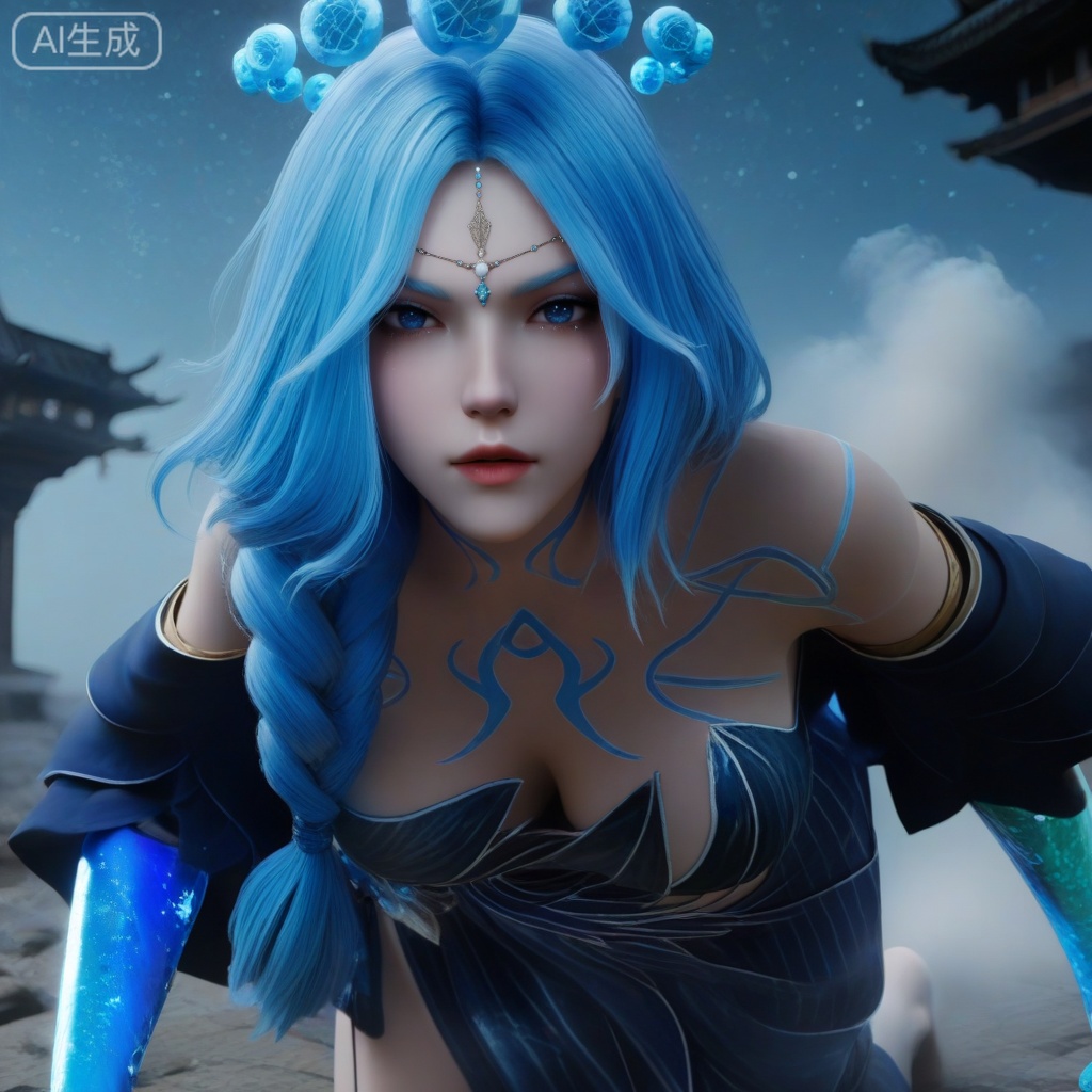 sfw,masterpiece,highres,realistic,3D Model,cowbody shot,
1girl,,blue dress,hair ornament,drill hair,braid,cleavage,detached sleeves,bare shoulders,barefoot,blue eyes,braided ponytail,collarbone,gem,east asian architecture,starry sky print,eyelashes,tattoo,bangs,,hanging blue crystal head_hair ball crown
looking at viewer,face focus, eye trail,backlighting,blue theme,depth of field,cinematic lighting,light particles,lens flare,flying debris,dust,smoke,masterpiece,best quality,amazing quality,very aesthetic,absurdres,best quality,newest, (artist:quasarcake:0.8),extreme aesthetic,(wlop:0.9),masterpiece,best quality,good quality,newest,year 2024,year 2023,very aesthetic,absurdres,Visual impact,A shot with tension, ultra-high resolution,32K UHD,sharp focus,best-quality,,Emotionalization,unconventional supreme masterpiece,masterful details,temperate atmosphere,with a high-end texture,in the style of fashion photography, (Visual impact:1.2),giving the poster a dynamic and visually striking appearance,impactful picture,offcial art,colorful,splash of color,movie perspective,

,
,, ,high detailed skin,(detailed skin:1.1), intricate details, ,detailed background,,ray tracing,highly detailed,volumetric lighting,rim light, Depth of Field, perfect body,perfect hand,Beautiful face and eyes with details,perfect hands,,, Best aesthetics, High resolution, Good shading, Contrast shading,,perfect hand, Manicure, exquisite nails,  Looking_At_Viewer, midnight, onnk,foreshortening,
, 
perfect quality, ((poakl)),,LSY,HYPER-DETAILED,3D,, 35mm film photography, INTRICATE, SOFT SHADING,DETAILED TEXTURES