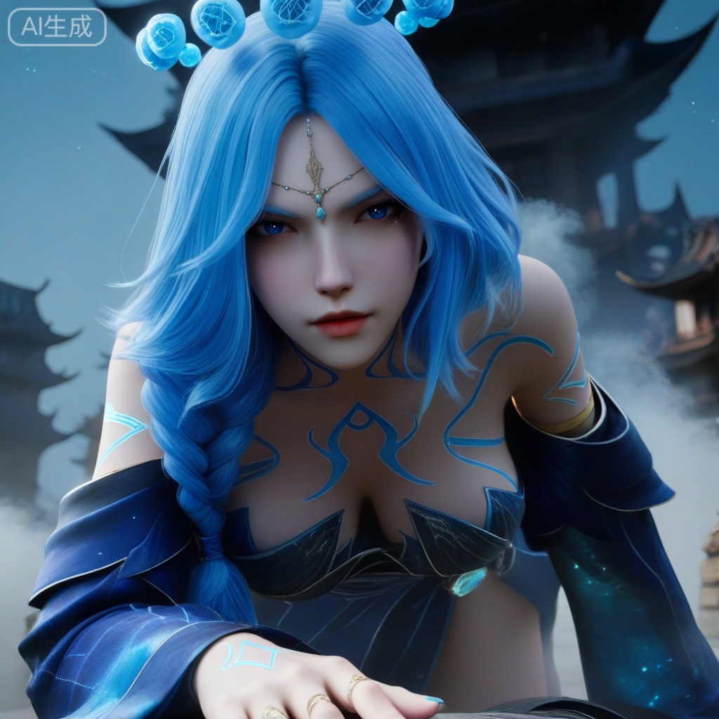 sfw,masterpiece,highres,realistic,3D Model,cowbody shot,
1girl,,blue dress,hair ornament,drill hair,braid,cleavage,detached sleeves,bare shoulders,barefoot,blue eyes,braided ponytail,collarbone,gem,east asian architecture,starry sky print,eyelashes,tattoo,bangs,,hanging blue crystal head_hair ball crown
looking at viewer,face focus, eye trail,backlighting,blue theme,depth of field,cinematic lighting,light particles,lens flare,flying debris,dust,smoke,masterpiece,best quality,amazing quality,very aesthetic,absurdres,best quality,newest, (artist:quasarcake:0.8),extreme aesthetic,(wlop:0.9),masterpiece,best quality,good quality,newest,year 2024,year 2023,very aesthetic,absurdres,Visual impact,A shot with tension, ultra-high resolution,32K UHD,sharp focus,best-quality,,Emotionalization,unconventional supreme masterpiece,masterful details,temperate atmosphere,with a high-end texture,in the style of fashion photography, (Visual impact:1.2),giving the poster a dynamic and visually striking appearance,impactful picture,offcial art,colorful,splash of color,movie perspective,

,
,, ,high detailed skin,(detailed skin:1.1), intricate details, ,detailed background,,ray tracing,highly detailed,volumetric lighting,rim light, Depth of Field, perfect body,perfect hand,Beautiful face and eyes with details,perfect hands,,, Best aesthetics, High resolution, Good shading, Contrast shading,,perfect hand, Manicure, exquisite nails,  Looking_At_Viewer, midnight, onnk,foreshortening,
, 
perfect quality, ((poakl)),,LSY,HYPER-DETAILED,3D,, 35mm film photography, INTRICATE, SOFT SHADING,DETAILED TEXTURES