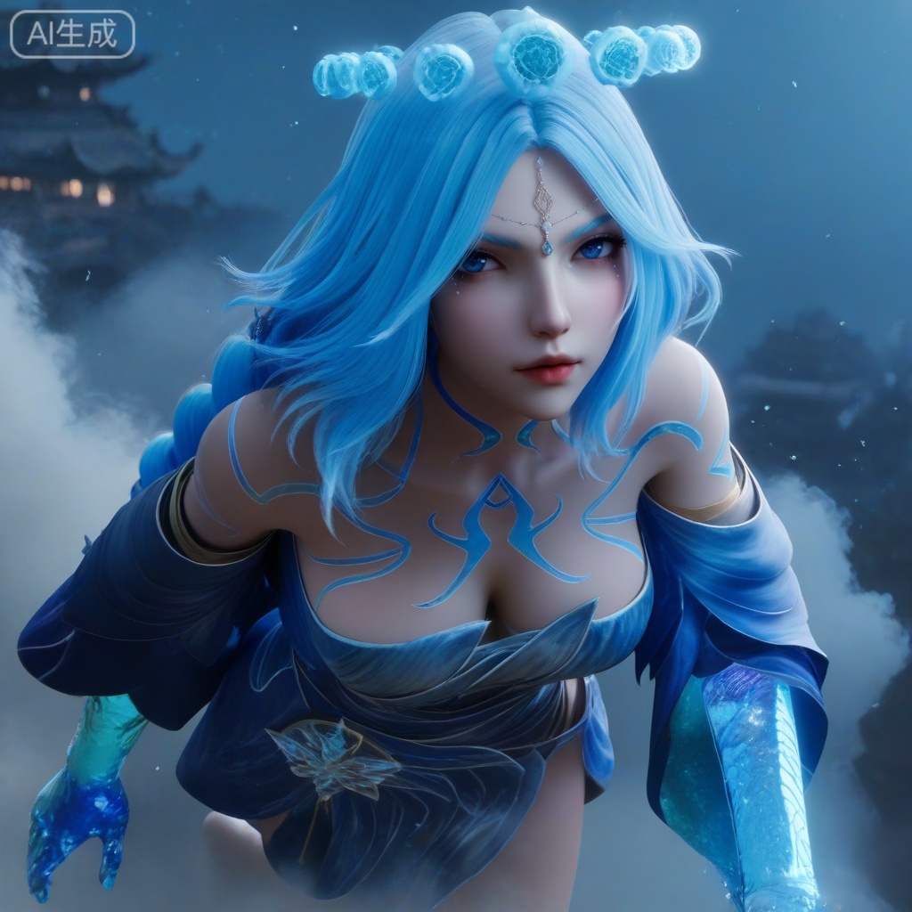 sfw,masterpiece,highres,realistic,3D Model,cowbody shot,
1girl,,blue dress,hair ornament,drill hair,braid,cleavage,detached sleeves,bare shoulders,barefoot,blue eyes,braided ponytail,collarbone,gem,east asian architecture,starry sky print,eyelashes,tattoo,bangs,,hanging blue crystal head_hair ball crown
looking at viewer,face focus, eye trail,backlighting,blue theme,depth of field,cinematic lighting,light particles,lens flare,flying debris,dust,smoke,masterpiece,best quality,amazing quality,very aesthetic,absurdres,best quality,newest, (artist:quasarcake:0.8),extreme aesthetic,(wlop:0.9),masterpiece,best quality,good quality,newest,year 2024,year 2023,very aesthetic,absurdres,Visual impact,A shot with tension, ultra-high resolution,32K UHD,sharp focus,best-quality,,Emotionalization,unconventional supreme masterpiece,masterful details,temperate atmosphere,with a high-end texture,in the style of fashion photography, (Visual impact:1.2),giving the poster a dynamic and visually striking appearance,impactful picture,offcial art,colorful,splash of color,movie perspective,

,
,, ,high detailed skin,(detailed skin:1.1), intricate details, ,detailed background,,ray tracing,highly detailed,volumetric lighting,rim light, Depth of Field, perfect body,perfect hand,Beautiful face and eyes with details,perfect hands,,, Best aesthetics, High resolution, Good shading, Contrast shading,,perfect hand, Manicure, exquisite nails,  Looking_At_Viewer, midnight, onnk,foreshortening,
, 
perfect quality, ((poakl)),,LSY,HYPER-DETAILED,3D,, 35mm film photography, INTRICATE, SOFT SHADING,DETAILED TEXTURES