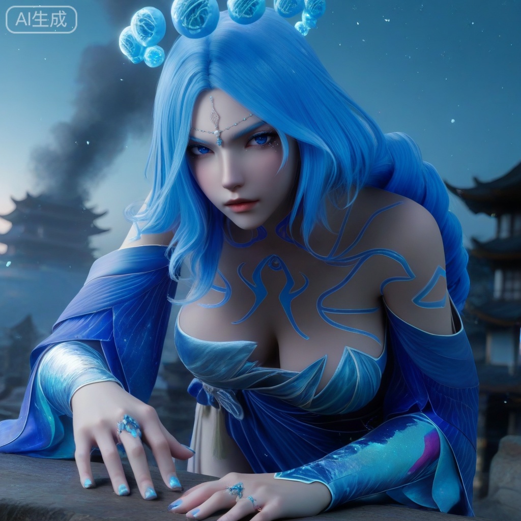 sfw,masterpiece,highres,realistic,3D Model,cowbody shot,
1girl,,blue dress,hair ornament,drill hair,braid,cleavage,detached sleeves,bare shoulders,barefoot,blue eyes,braided ponytail,collarbone,gem,east asian architecture,starry sky print,eyelashes,tattoo,bangs,,hanging blue crystal head_hair ball crown
looking at viewer,face focus, eye trail,backlighting,blue theme,depth of field,cinematic lighting,light particles,lens flare,flying debris,dust,smoke,masterpiece,best quality,amazing quality,very aesthetic,absurdres,best quality,newest, (artist:quasarcake:0.8),extreme aesthetic,(wlop:0.9),masterpiece,best quality,good quality,newest,year 2024,year 2023,very aesthetic,absurdres,Visual impact,A shot with tension, ultra-high resolution,32K UHD,sharp focus,best-quality,,Emotionalization,unconventional supreme masterpiece,masterful details,temperate atmosphere,with a high-end texture,in the style of fashion photography, (Visual impact:1.2),giving the poster a dynamic and visually striking appearance,impactful picture,offcial art,colorful,splash of color,movie perspective,

,
,, ,high detailed skin,(detailed skin:1.1), intricate details, ,detailed background,,ray tracing,highly detailed,volumetric lighting,rim light, Depth of Field, perfect body,perfect hand,Beautiful face and eyes with details,perfect hands,,, Best aesthetics, High resolution, Good shading, Contrast shading,,perfect hand, Manicure, exquisite nails,  Looking_At_Viewer, midnight, onnk,foreshortening,
, 
perfect quality, ((poakl)),,LSY,HYPER-DETAILED,3D,, 35mm film photography, INTRICATE, SOFT SHADING,DETAILED TEXTURES