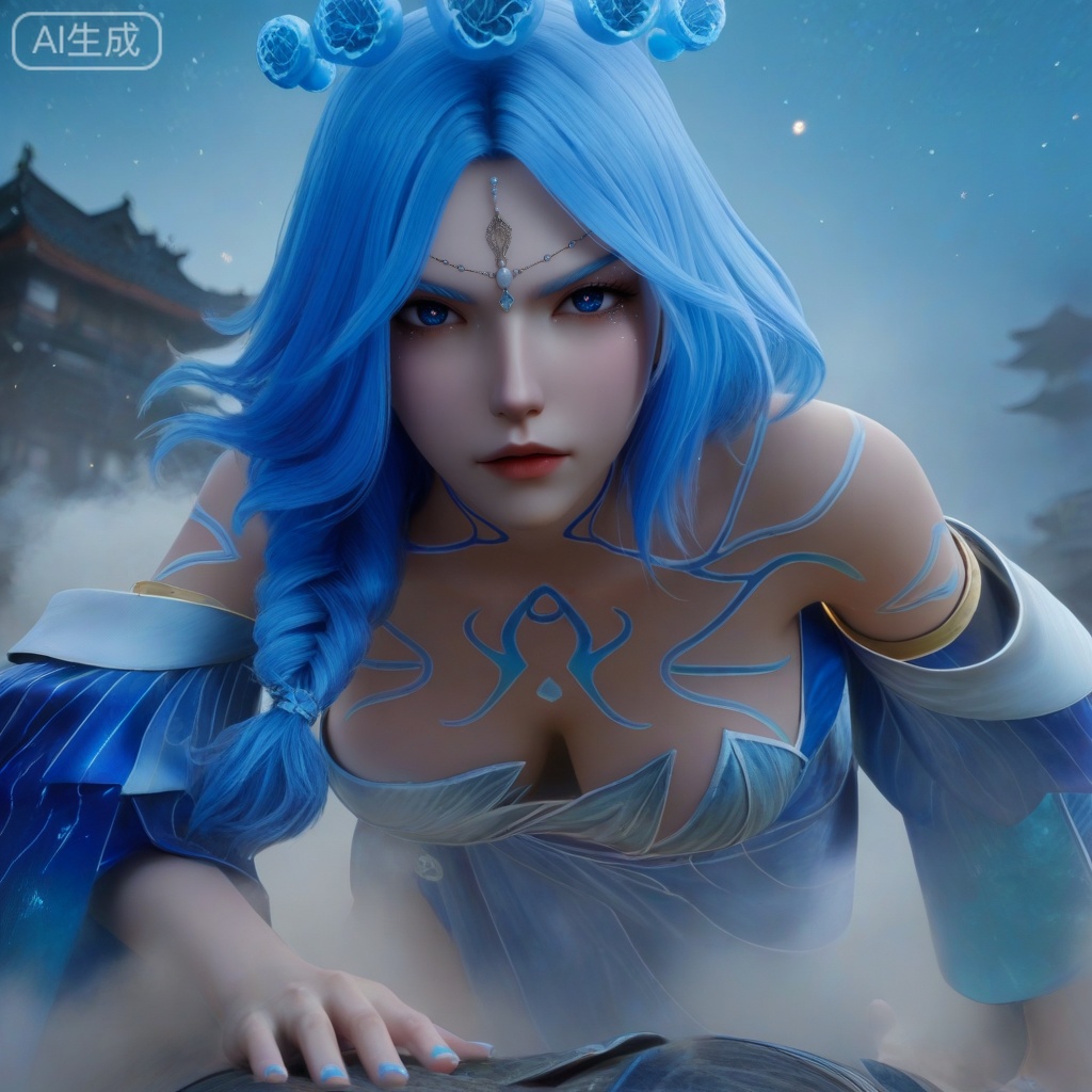 sfw,masterpiece,highres,realistic,3D Model,cowbody shot,
1girl,,blue dress,hair ornament,drill hair,braid,cleavage,detached sleeves,bare shoulders,barefoot,blue eyes,braided ponytail,collarbone,gem,east asian architecture,starry sky print,eyelashes,tattoo,bangs,,hanging blue crystal head_hair ball crown
looking at viewer,face focus, eye trail,backlighting,blue theme,depth of field,cinematic lighting,light particles,lens flare,flying debris,dust,smoke,masterpiece,best quality,amazing quality,very aesthetic,absurdres,best quality,newest, (artist:quasarcake:0.8),extreme aesthetic,(wlop:0.9),masterpiece,best quality,good quality,newest,year 2024,year 2023,very aesthetic,absurdres,Visual impact,A shot with tension, ultra-high resolution,32K UHD,sharp focus,best-quality,,Emotionalization,unconventional supreme masterpiece,masterful details,temperate atmosphere,with a high-end texture,in the style of fashion photography, (Visual impact:1.2),giving the poster a dynamic and visually striking appearance,impactful picture,offcial art,colorful,splash of color,movie perspective,

,
,, ,high detailed skin,(detailed skin:1.1), intricate details, ,detailed background,,ray tracing,highly detailed,volumetric lighting,rim light, Depth of Field, perfect body,perfect hand,Beautiful face and eyes with details,perfect hands,,, Best aesthetics, High resolution, Good shading, Contrast shading,,perfect hand, Manicure, exquisite nails,  Looking_At_Viewer, midnight, onnk,foreshortening,
, 
perfect quality, ((poakl)),,LSY,HYPER-DETAILED,3D,, 35mm film photography, INTRICATE, SOFT SHADING,DETAILED TEXTURES