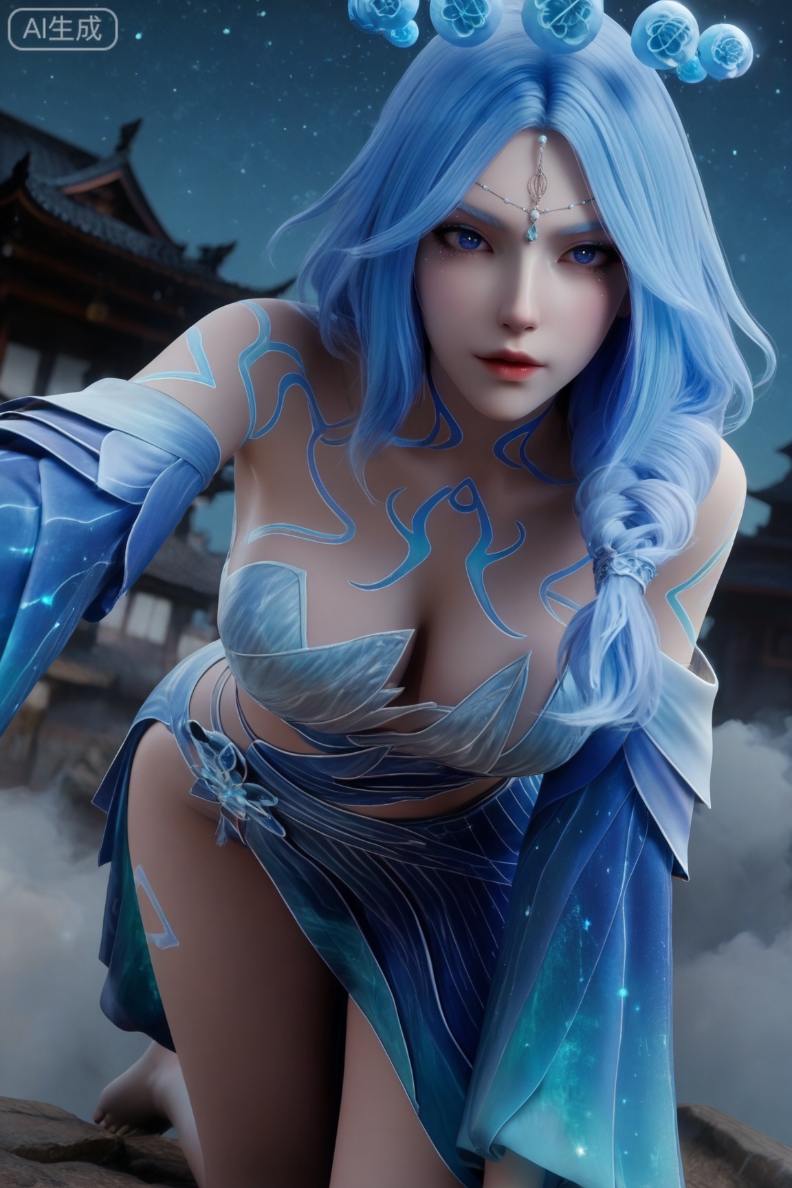 masterpiece,highres,realistic,3D Model,cowbody shot,leg one split,one leg lift,one leg standing,panties,
1girl,,blue dress,hair ornament,drill hair,braid,cleavage,detached sleeves,bare shoulders,barefoot,blue eyes,braided ponytail,collarbone,gem,east asian architecture,starry sky print,eyelashes,tattoo,bangs,,hanging blue crystal head_hair ball crown
looking at viewer,face focus, eye trail,backlighting,blue theme,depth of field,cinematic lighting,light particles,lens flare,flying debris,dust,smoke,masterpiece,best quality,amazing quality,very aesthetic,absurdres,best quality,newest, (artist:quasarcake:0.8),extreme aesthetic,(wlop:0.9),masterpiece,best quality,good quality,newest,year 2024,year 2023,very aesthetic,absurdres,Visual impact,A shot with tension, ultra-high resolution,32K UHD,sharp focus,best-quality,masterpiece,Emotionalization,unconventional supreme masterpiece,masterful details,temperate atmosphere,with a high-end texture,in the style of fashion photography, (Visual impact:1.2),giving the poster a dynamic and visually striking appearance,impactful picture,offcial art,colorful,splash of color,movie perspective,

,
,masterpiece, best quality, amazing quality, very aesthetic, , newest, ,high detailed skin,(detailed skin:1.1), intricate details, ,detailed background,,ray tracing,highly detailed,volumetric lighting,rim light, Depth of Field, perfect body,perfect hand,Beautiful face and eyes with details,perfect hands,,, Best aesthetics, High resolution, Good shading, Contrast shading,,perfect hand, Manicure, exquisite nails,  Looking_At_Viewer, midnight, onnk,foreshortening,
BREAK
 (sunlight, lens flare, light rays, glowing, light particles, backlighting, shiny clothes, light, glaring,, lights, bloom, reflective water, sidelighting, light stick, sunbathing, lens flare abuse, outer glow, light beam,:0.4), 
perfect quality, ((poakl)),anmiaoyi,MLiang,LSY,HYPER-DETAILED,3D,, 35mm film photography, INTRICATE, SOFT SHADING,DETAILED TEXTURES