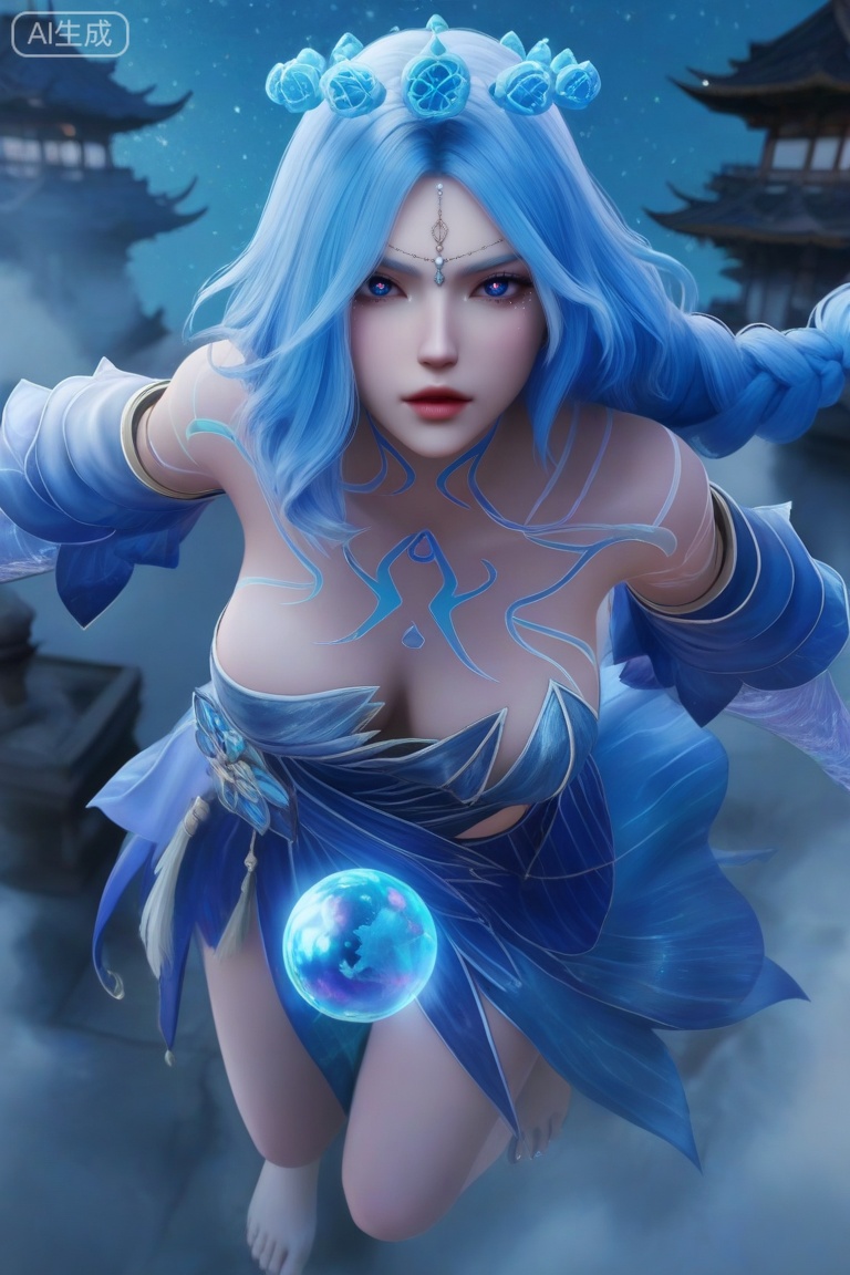 masterpiece,highres,realistic,3D Model,cowbody shot,
1girl,,blue dress,hair ornament,drill hair,braid,cleavage,detached sleeves,bare shoulders,barefoot,blue eyes,braided ponytail,collarbone,gem,east asian architecture,starry sky print,eyelashes,tattoo,bangs,,hanging blue crystal ball crown
looking at viewer,face focus, eye trail,backlighting,blue theme,depth of field,cinematic lighting,light particles,lens flare,flying debris,dust,smoke,masterpiece,best quality,amazing quality,very aesthetic,absurdres,best quality,newest, (artist:quasarcake:0.8),extreme aesthetic,(wlop:0.9),masterpiece,best quality,good quality,newest,year 2024,year 2023,very aesthetic,absurdres,Visual impact,A shot with tension, ultra-high resolution,32K UHD,sharp focus,best-quality,masterpiece,Emotionalization,unconventional supreme masterpiece,masterful details,temperate atmosphere,with a high-end texture,in the style of fashion photography, (Visual impact:1.2),giving the poster a dynamic and visually striking appearance,impactful picture,offcial art,colorful,splash of color,movie perspective,

,
,masterpiece, best quality, amazing quality, very aesthetic, , newest, ,high detailed skin,(detailed skin:1.1), intricate details, ,detailed background,,ray tracing,highly detailed,volumetric lighting,rim light, Depth of Field, perfect body,perfect hand,Beautiful face and eyes with details,perfect hands,,, Best aesthetics, High resolution, Good shading, Contrast shading,,perfect hand, Manicure, exquisite nails,  Looking_At_Viewer, midnight, onnk,foreshortening,
BREAK
 (sunlight, lens flare, light rays, glowing, light particles, backlighting, shiny clothes, light, glaring,, lights, bloom, reflective water, sidelighting, light stick, sunbathing, lens flare abuse, outer glow, light beam,:0.4), 
perfect quality, ((poakl)),anmiaoyi,MLiang,LSY