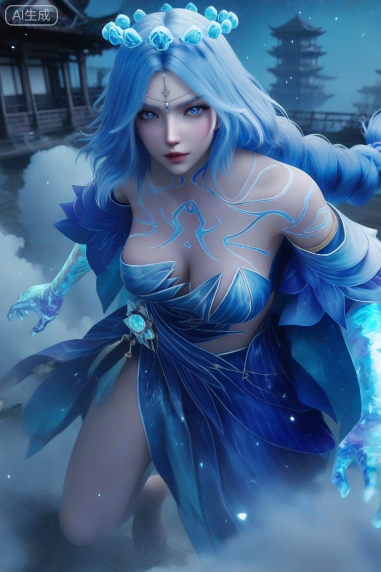 masterpiece,highres,realistic,3D Model,cowbody shot,leg one split,
1girl,,blue dress,hair ornament,drill hair,braid,cleavage,detached sleeves,bare shoulders,barefoot,blue eyes,braided ponytail,collarbone,gem,east asian architecture,starry sky print,eyelashes,tattoo,bangs,,hanging blue crystal head_hair ball crown
looking at viewer,face focus, eye trail,backlighting,blue theme,depth of field,cinematic lighting,light particles,lens flare,flying debris,dust,smoke,masterpiece,best quality,amazing quality,very aesthetic,absurdres,best quality,newest, (artist:quasarcake:0.8),extreme aesthetic,(wlop:0.9),masterpiece,best quality,good quality,newest,year 2024,year 2023,very aesthetic,absurdres,Visual impact,A shot with tension, ultra-high resolution,32K UHD,sharp focus,best-quality,masterpiece,Emotionalization,unconventional supreme masterpiece,masterful details,temperate atmosphere,with a high-end texture,in the style of fashion photography, (Visual impact:1.2),giving the poster a dynamic and visually striking appearance,impactful picture,offcial art,colorful,splash of color,movie perspective,

,
,masterpiece, best quality, amazing quality, very aesthetic, , newest, ,high detailed skin,(detailed skin:1.1), intricate details, ,detailed background,,ray tracing,highly detailed,volumetric lighting,rim light, Depth of Field, perfect body,perfect hand,Beautiful face and eyes with details,perfect hands,,, Best aesthetics, High resolution, Good shading, Contrast shading,,perfect hand, Manicure, exquisite nails,  Looking_At_Viewer, midnight, onnk,foreshortening,
BREAK
 (sunlight, lens flare, light rays, glowing, light particles, backlighting, shiny clothes, light, glaring,, lights, bloom, reflective water, sidelighting, light stick, sunbathing, lens flare abuse, outer glow, light beam,:0.4), 
perfect quality, ((poakl)),anmiaoyi,MLiang,LSY