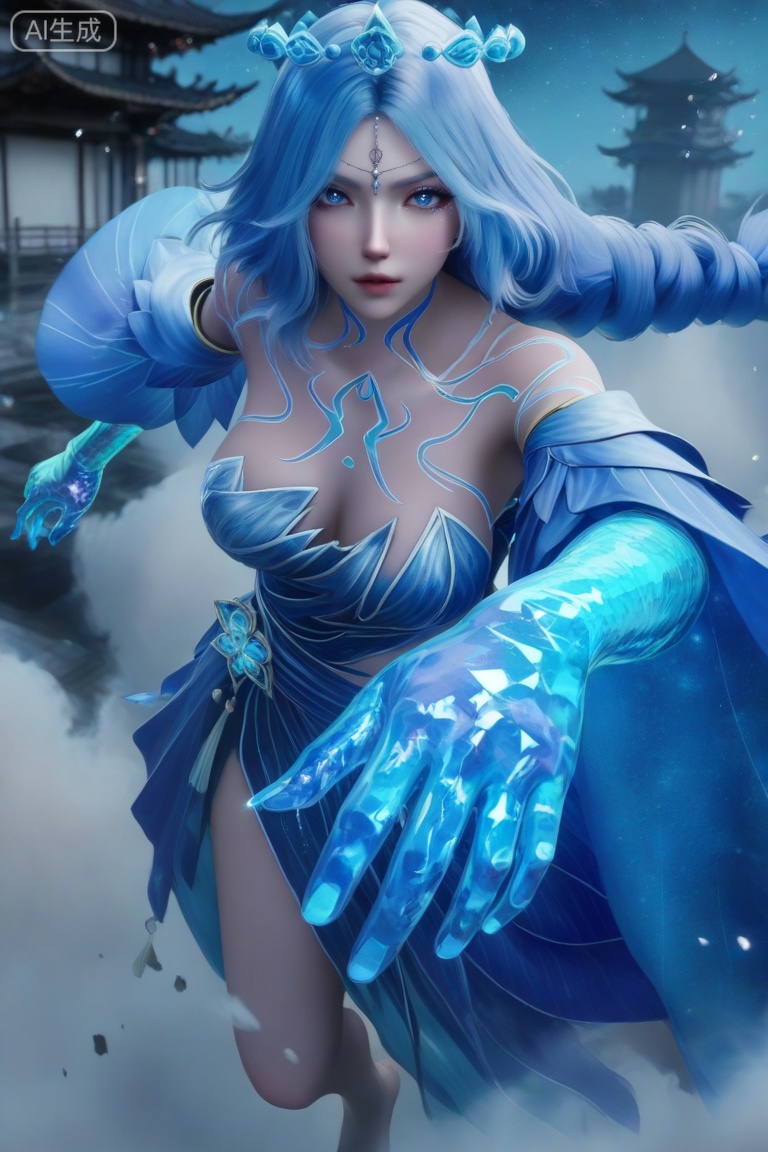 masterpiece,highres,realistic,3D Model,cowbody shot,leg one split,
1girl,,blue dress,hair ornament,drill hair,braid,cleavage,detached sleeves,bare shoulders,barefoot,blue eyes,braided ponytail,collarbone,gem,east asian architecture,starry sky print,eyelashes,tattoo,bangs,,hanging blue crystal head_hair ball crown
looking at viewer,face focus, eye trail,backlighting,blue theme,depth of field,cinematic lighting,light particles,lens flare,flying debris,dust,smoke,masterpiece,best quality,amazing quality,very aesthetic,absurdres,best quality,newest, (artist:quasarcake:0.8),extreme aesthetic,(wlop:0.9),masterpiece,best quality,good quality,newest,year 2024,year 2023,very aesthetic,absurdres,Visual impact,A shot with tension, ultra-high resolution,32K UHD,sharp focus,best-quality,masterpiece,Emotionalization,unconventional supreme masterpiece,masterful details,temperate atmosphere,with a high-end texture,in the style of fashion photography, (Visual impact:1.2),giving the poster a dynamic and visually striking appearance,impactful picture,offcial art,colorful,splash of color,movie perspective,

,
,masterpiece, best quality, amazing quality, very aesthetic, , newest, ,high detailed skin,(detailed skin:1.1), intricate details, ,detailed background,,ray tracing,highly detailed,volumetric lighting,rim light, Depth of Field, perfect body,perfect hand,Beautiful face and eyes with details,perfect hands,,, Best aesthetics, High resolution, Good shading, Contrast shading,,perfect hand, Manicure, exquisite nails,  Looking_At_Viewer, midnight, onnk,foreshortening,
BREAK
 (sunlight, lens flare, light rays, glowing, light particles, backlighting, shiny clothes, light, glaring,, lights, bloom, reflective water, sidelighting, light stick, sunbathing, lens flare abuse, outer glow, light beam,:0.4), 
perfect quality, ((poakl)),anmiaoyi,MLiang,LSY