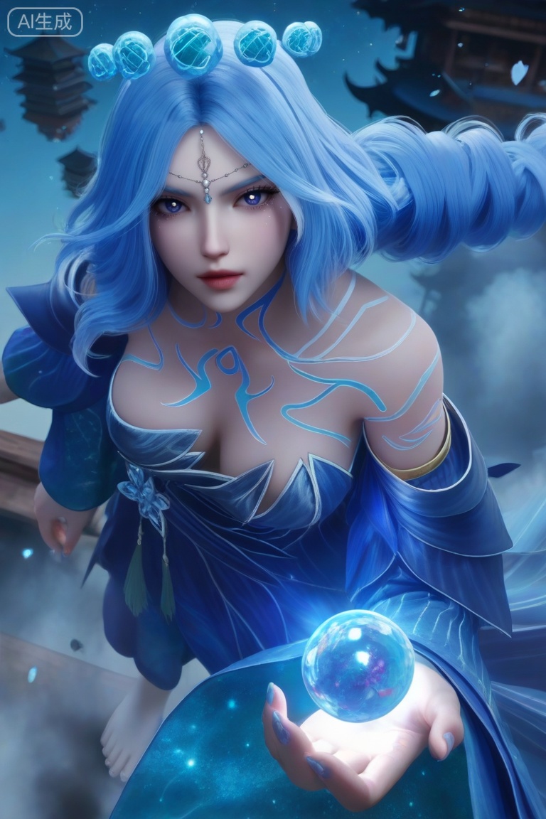 masterpiece,highres,realistic,3D Model,cowbody shot,
1girl,,blue dress,hair ornament,drill hair,braid,cleavage,detached sleeves,bare shoulders,barefoot,blue eyes,braided ponytail,collarbone,gem,east asian architecture,starry sky print,eyelashes,tattoo,bangs,,hanging blue crystal ball crown
looking at viewer,face focus, eye trail,backlighting,blue theme,depth of field,cinematic lighting,light particles,lens flare,flying debris,dust,smoke,masterpiece,best quality,amazing quality,very aesthetic,absurdres,best quality,newest, (artist:quasarcake:0.8),extreme aesthetic,(wlop:0.9),masterpiece,best quality,good quality,newest,year 2024,year 2023,very aesthetic,absurdres,Visual impact,A shot with tension, ultra-high resolution,32K UHD,sharp focus,best-quality,masterpiece,Emotionalization,unconventional supreme masterpiece,masterful details,temperate atmosphere,with a high-end texture,in the style of fashion photography, (Visual impact:1.2),giving the poster a dynamic and visually striking appearance,impactful picture,offcial art,colorful,splash of color,movie perspective,

,
,masterpiece, best quality, amazing quality, very aesthetic, , newest, ,high detailed skin,(detailed skin:1.1), intricate details, ,detailed background,,ray tracing,highly detailed,volumetric lighting,rim light, Depth of Field, perfect body,perfect hand,Beautiful face and eyes with details,perfect hands,,, Best aesthetics, High resolution, Good shading, Contrast shading,,perfect hand, Manicure, exquisite nails,  Looking_At_Viewer, midnight, onnk,foreshortening,
BREAK
 (sunlight, lens flare, light rays, glowing, light particles, backlighting, shiny clothes, light, glaring,, lights, bloom, reflective water, sidelighting, light stick, sunbathing, lens flare abuse, outer glow, light beam,:0.4), 
perfect quality, ((poakl)),anmiaoyi,MLiang,LSY