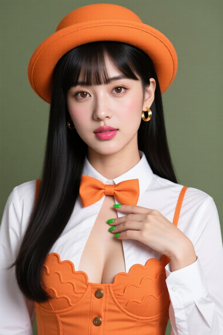 A beautiful young woman with long black hair and straight bangs,  wearing a bright orange bowler hat. She has soft brown e...