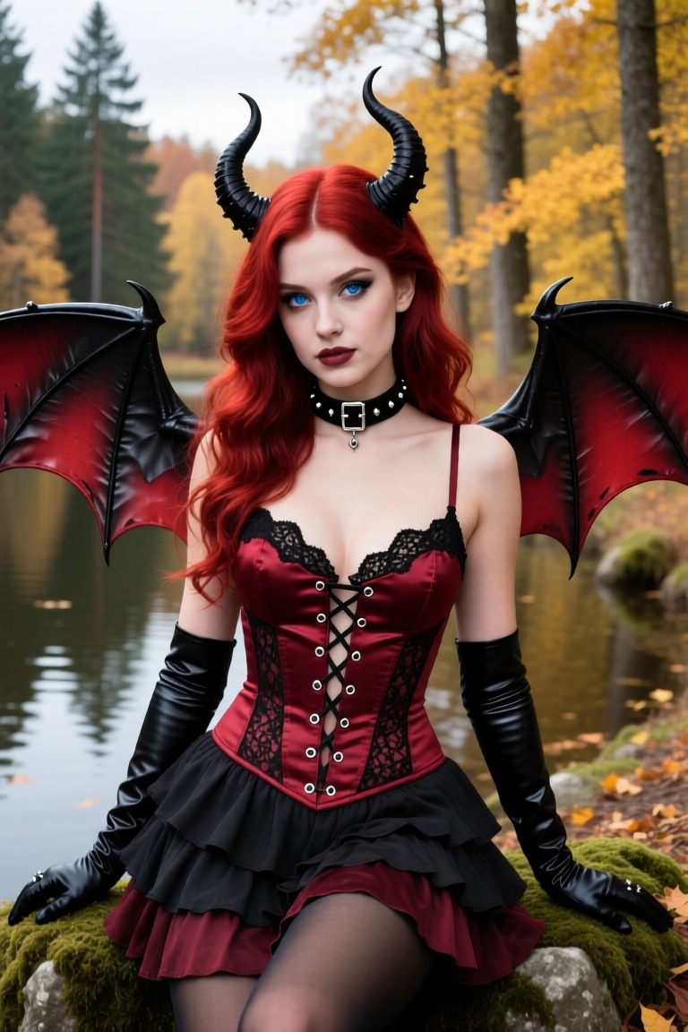 A beautiful young woman with fair skin and vibrant red hair styled in loose waves,  wearing an intricate gothic devil cost...