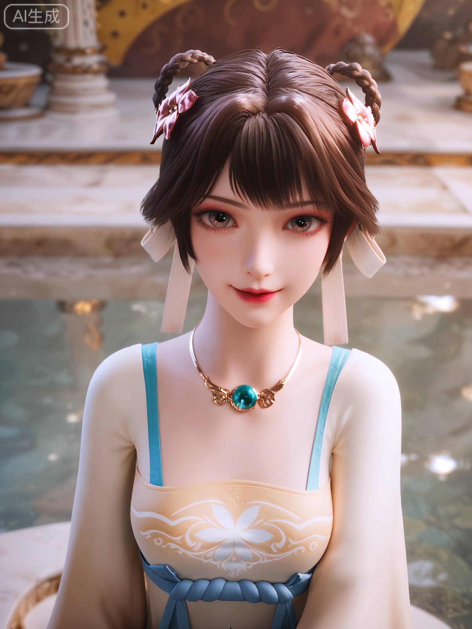 score_9,score_8_up,score_7_up,masterpiece,(best quality),(intricate details:0.9) BREAK (intricate details:0.9),(realistic skin:1.2),masterpiece,best quality,newest,absurdres,hiahres,1girl,solo,jewelry,hair ornament,short  hair,dress,necklace,lips,eyeshadow,bracelet,tassel,(8k ultra-clear, pony style),photo pose 0.6, micro-expression: soft smile 0.3, half-body + medium shot 0.7,1girl,solo.looking_at_viewer,realistic,photorealistic,Vivid Colors,bright environment,shiny skin,shiny hairjewelry,detail eyes,Eyes highlights,glowing,sunshine,bright,reflection,bright,sunshine on face,shiny,shinny,petite,thin,leg slimming,lose weight,slim hips,lakeside,delicate water,reflection,(full body:0.8)sitting_down,eyelashes,