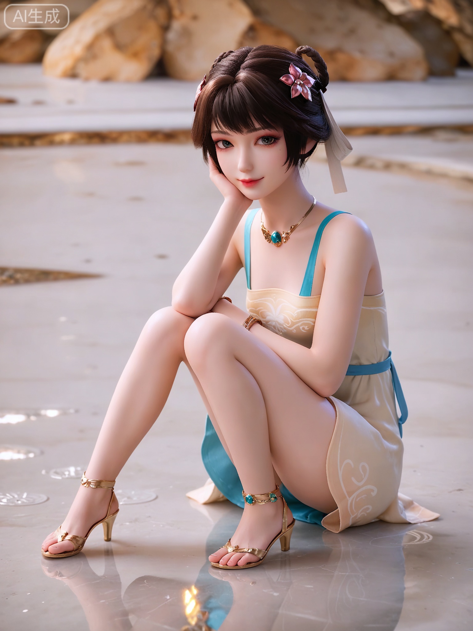 score_9,score_8_up,score_7_up,masterpiece,(best quality),(intricate details:0.9) BREAK (intricate details:0.9),(realistic skin:1.2),masterpiece,best quality,newest,absurdres,hiahres,1girl,solo,jewelry,hair ornament,short  hair,dress,necklace,lips,eyeshadow,bracelet,tassel,(8k ultra-clear, pony style),photo pose 0.6, micro-expression: soft smile 0.3, half-body + medium shot 0.7,1girl,solo.looking_at_viewer,realistic,photorealistic,Vivid Colors,bright environment,shiny skin,shiny hairjewelry,detail eyes,Eyes highlights,glowing,sunshine,bright,reflection,bright,sunshine on face,shiny,shinny,petite,thin,leg slimming,lose weight,slim hips,lakeside,delicate water,reflection,(full body:1.5)sitting_down,eyelashes,