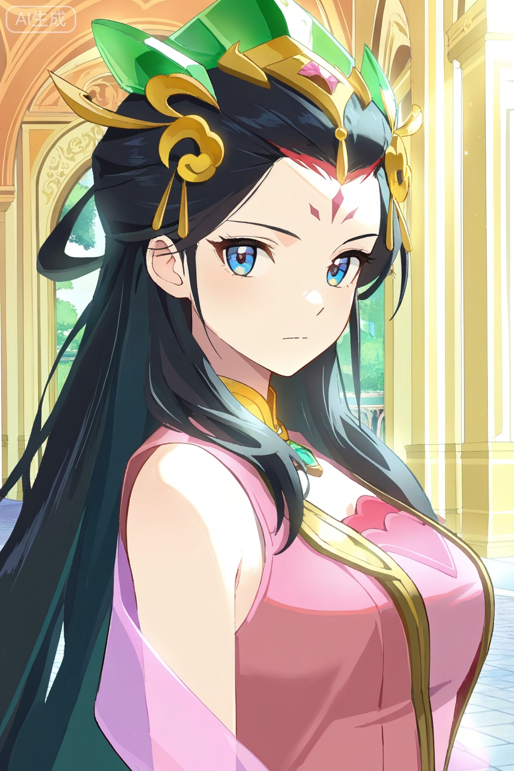 
Random scene,Random scene,
upper body,looking at viewer,
杨玉环,masterpiece,best quality,official art,extremely detailed CG unity 8k wallpaper,1girl,solo,yyh,long black hair,red forehead marking,blue eyes,pink and turquoise dress,golden accessories,emerald accessories,headpiece