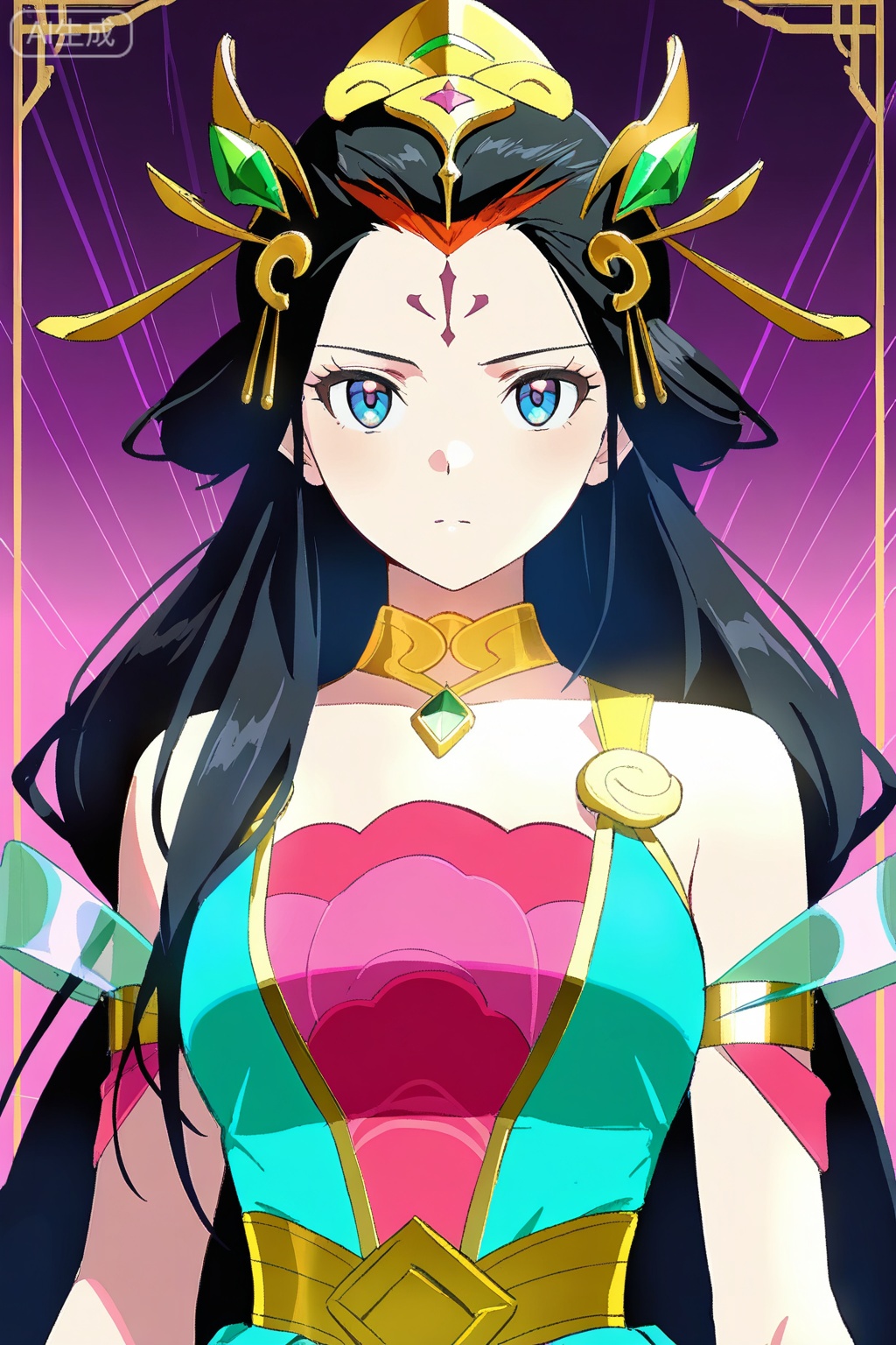
Random scene,Random scene,
upper body,looking at viewer,
杨玉环,masterpiece,best quality,official art,extremely detailed CG unity 8k wallpaper,1girl,solo,yyh,long black hair,red forehead marking,blue eyes,pink and turquoise dress,golden accessories,emerald accessories,headpiece