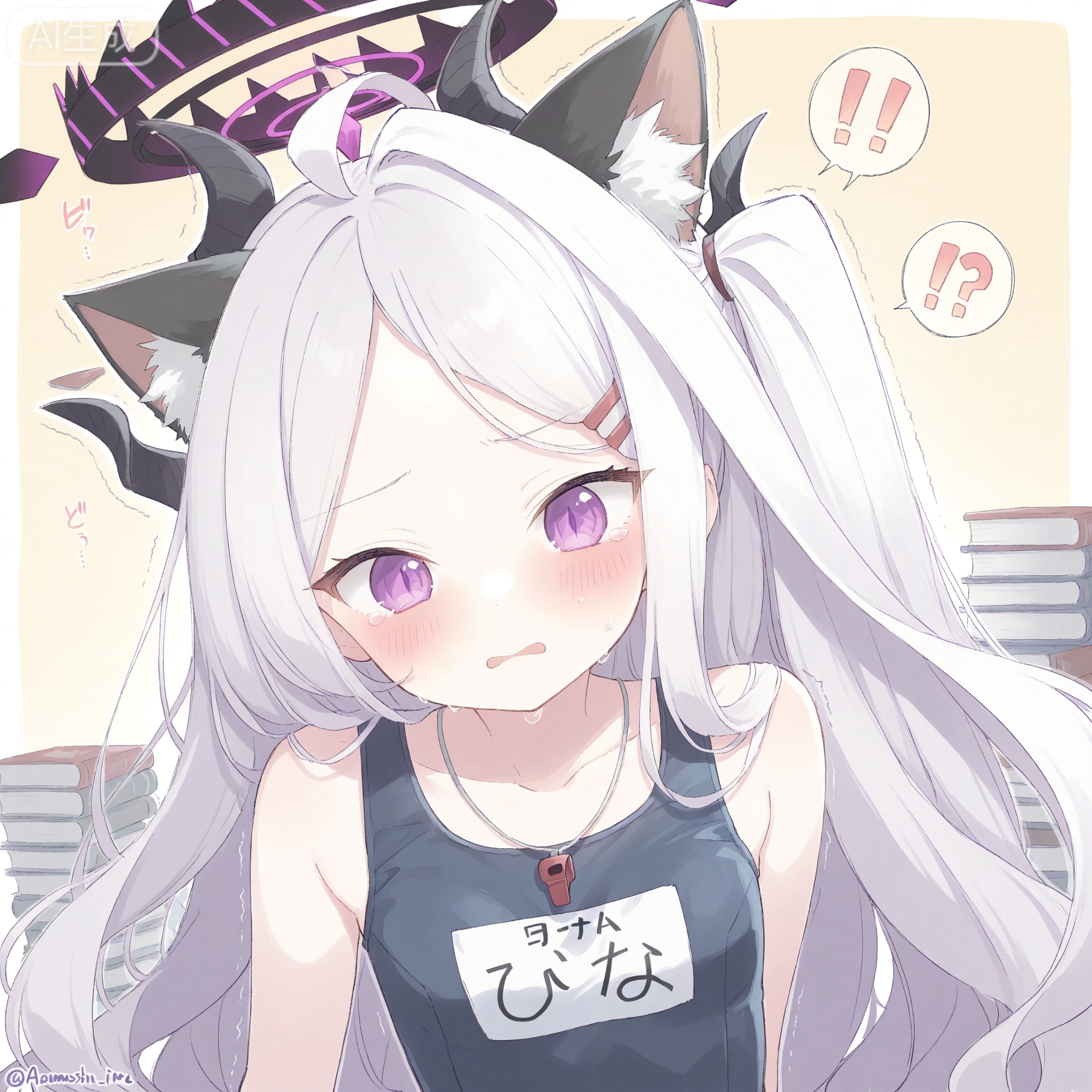 1girl, solo, long hair, looking at viewer, blush, open mouth, bangs, hair ornament, animal ears, very long hair, purple eyes, collarbone, swimsuit, upper body, ahoge, white hair, parted lips, horns, hairclip, cat ears, twitter username, animal ear fluff, one-piece swimsuit, parted bangs, one side up, school swimsuit, demon horns, blue one-piece swimsuit, name tag, book stack, old school swimsuit, multiple horns, whistle around neck, hina \(blue archive\), hina \(swimsuit\) \(blue archive\),(blushing violently:1.5), (amethyst eyes trembling slightly:1.4), (oversensitive reaction:1.3), biting lower lip, (teary eyes:1.2), (defensive posture:1.1), body shivering