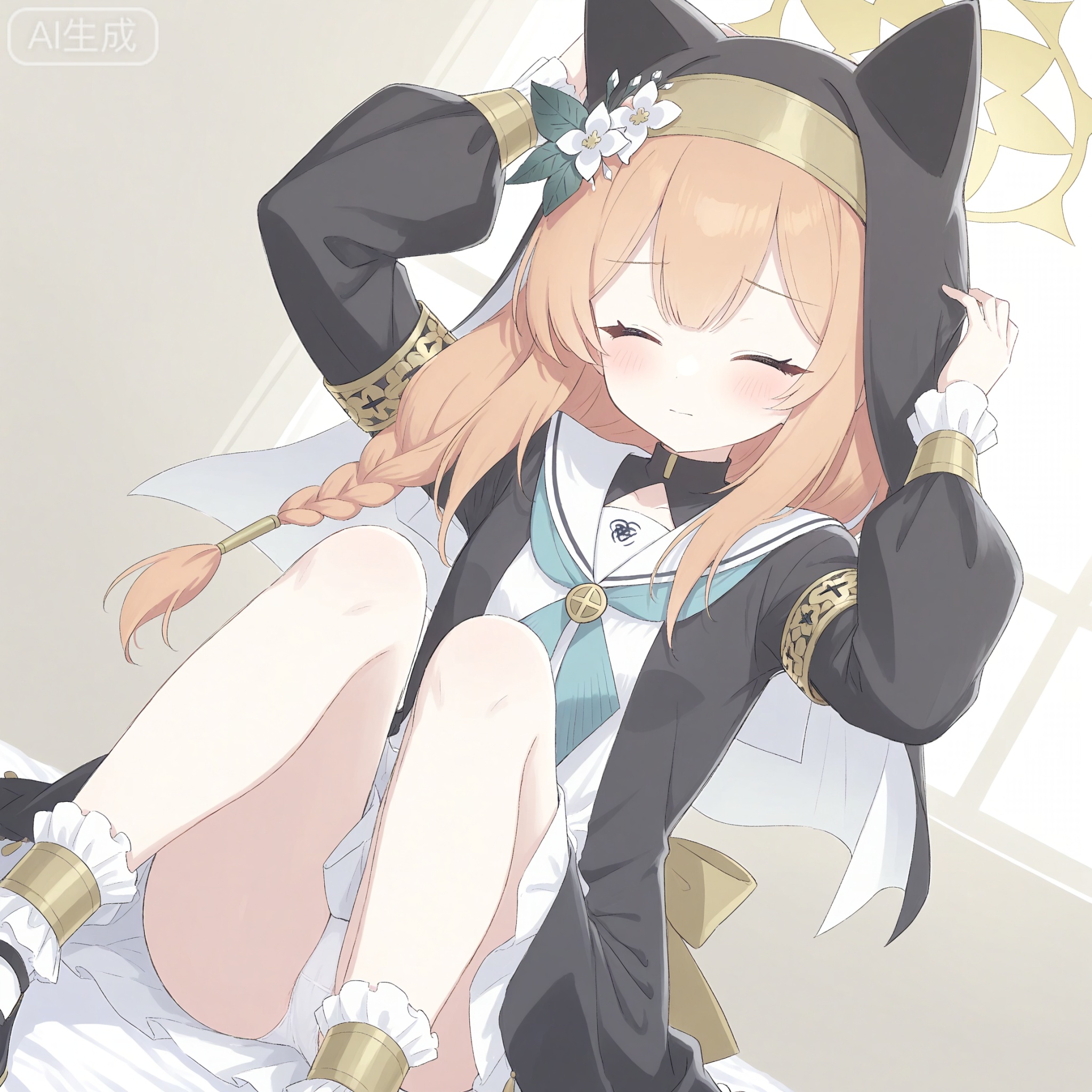 1girl, solo, long hair, blush, bangs, long sleeves, hat, animal ears, sitting, closed mouth, underwear, panties, closed eyes, braid, flower, sailor collar, orange hair, white panties, neckerchief, single braid, halo, pantyshot, white sailor collar, hat flower, hand on headwear, nun, habit, blue neckerchief, animal ear headwear, mari \(blue archive\)