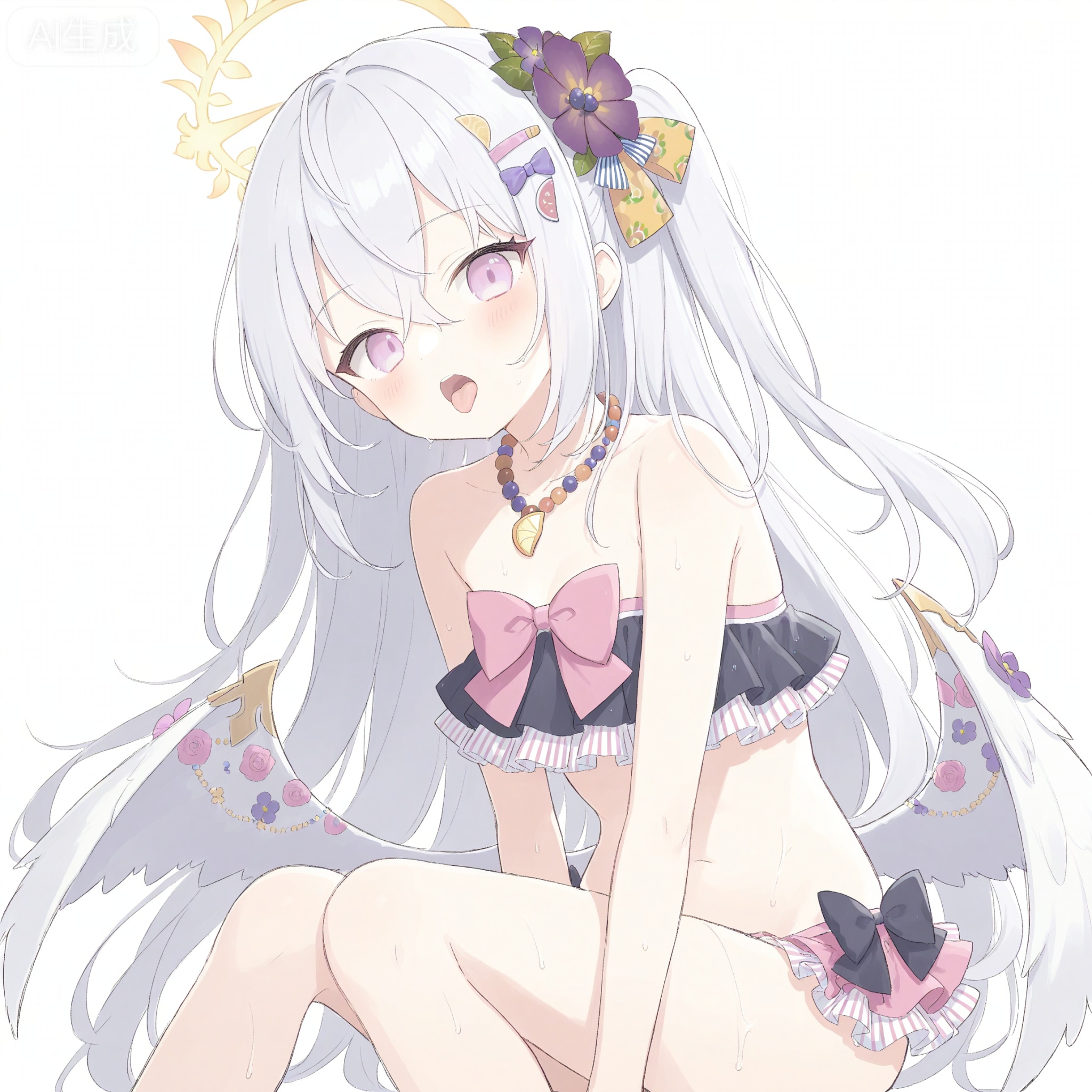 1girl, solo, long hair, looking at viewer, blush, open mouth, bangs, simple background, hair ornament, white background, bow, hair between eyes, bare shoulders, jewelry, sitting, purple eyes, swimsuit, flower, white hair, hair bow, bikini, frills, wings, tongue, hair flower, tongue out, pink eyes, necklace, two side up, wet, halo, frilled bikini, purple flower, bead necklace, azusa \(blue archive\)