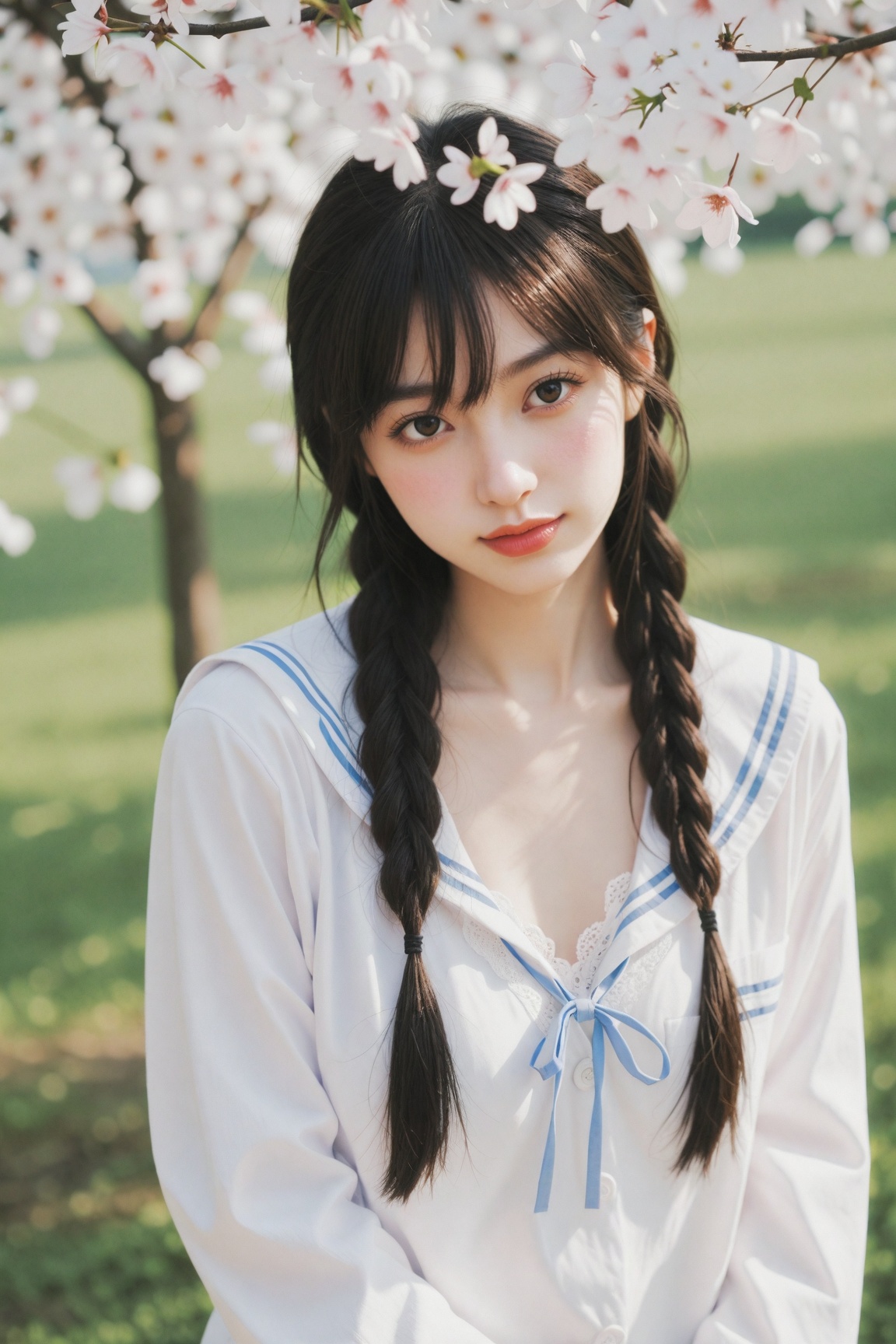 1girl,  solo,  with long dark hair styled in two braids on Tensor.Art