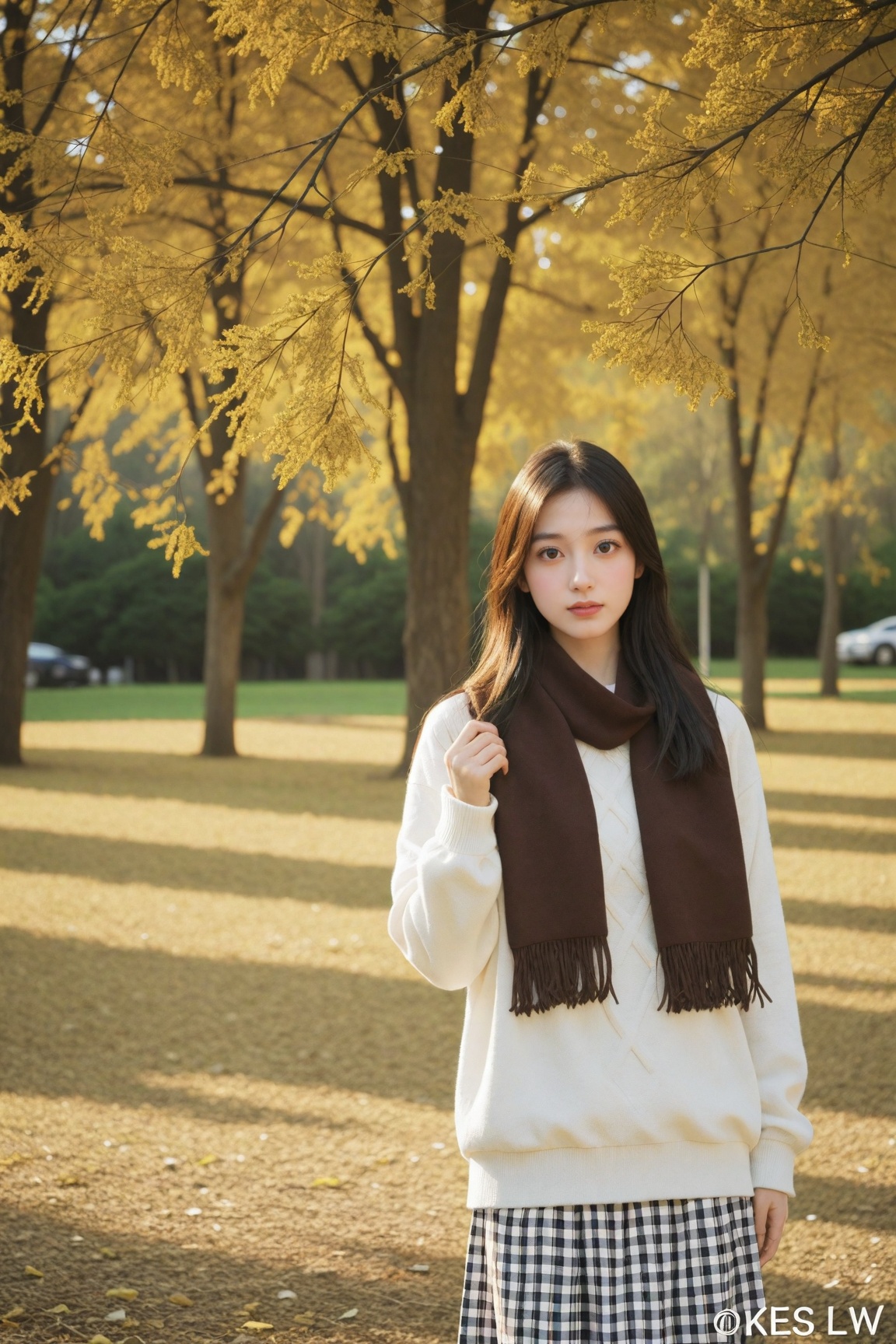 1girl,  solo,  standing in a park during autumn. The person is wearing a white on Tensor.Art
