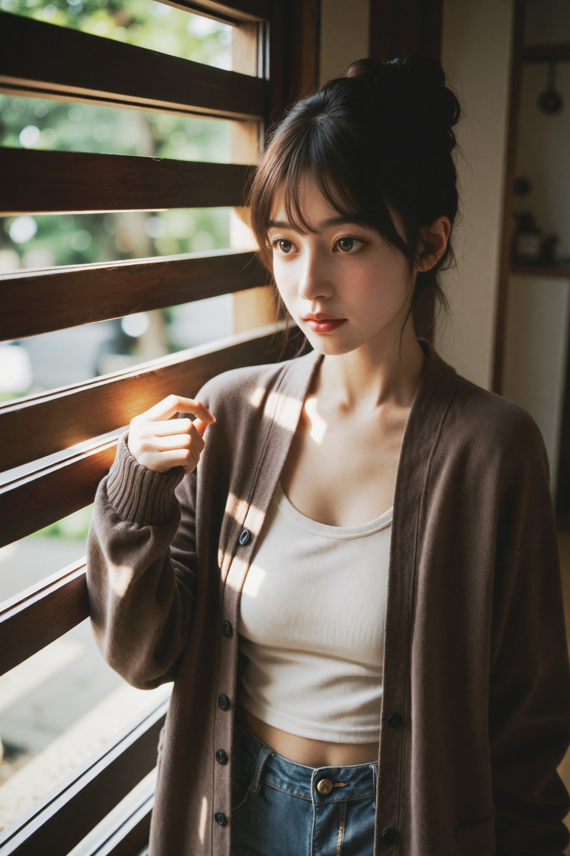 1girl,  solo,  standing near a window with wooden blinds. She is wearing a white sleeveless top and a brown cardigan. Her...