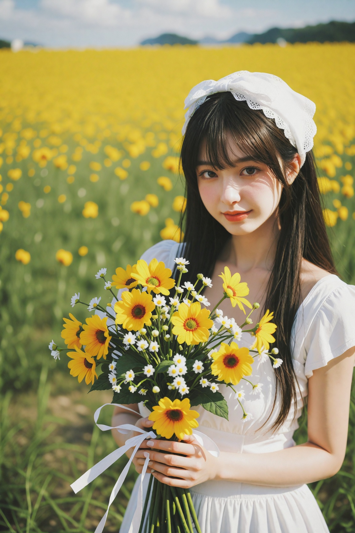 1girl,  solo,  standing in a field of yellow flowers. She is wearing a white dress with ruffled sleeves and a green headba...