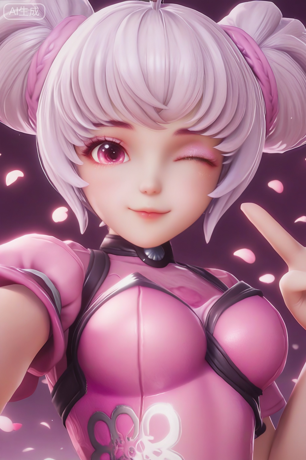 masterpiece, best quality, masterpiece,best quality,official art,extremely detailed CG unity 8k wallpaper,1girl,solo,looking at viewer,breasts,short hair,twintails,ahoge,white hair,pink eyes,double bun,bodysuit,realism,
pink background,petals,portrait,(smile:0.5),selfie stick,v hand,one eye closed