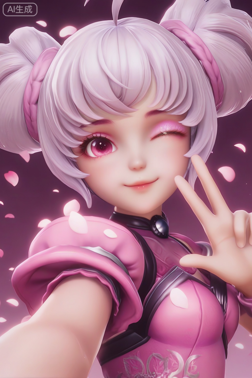 masterpiece, best quality, masterpiece,best quality,official art,extremely detailed CG unity 8k wallpaper,1girl,solo,looking at viewer,short hair,twintails,ahoge,white hair,pink eyes,double bun,realism,
pink background,petals,portrait,(smile:0.5),selfie stick,(v hand:1.2),one eye closed