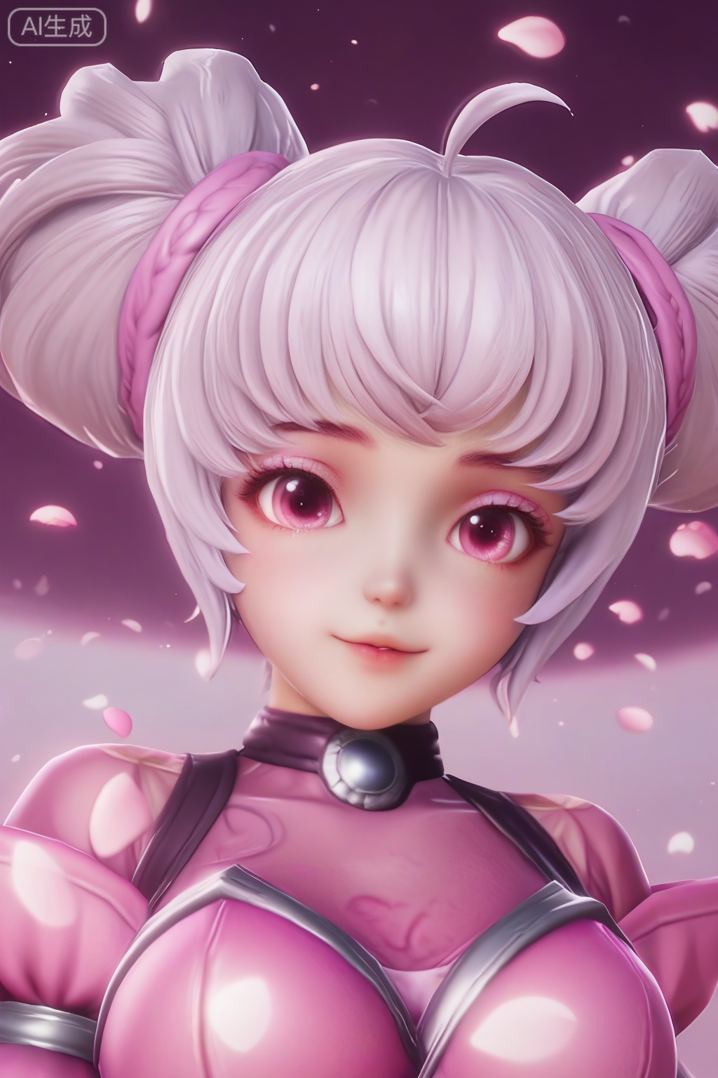 masterpiece, best quality, masterpiece,best quality,official art,extremely detailed CG unity 8k wallpaper,1girl,solo,looking at viewer,breasts,short hair,twintails,ahoge,white hair,pink eyes,double bun,bodysuit,realism,
pink background,petals,portrait,(smile:0.5)