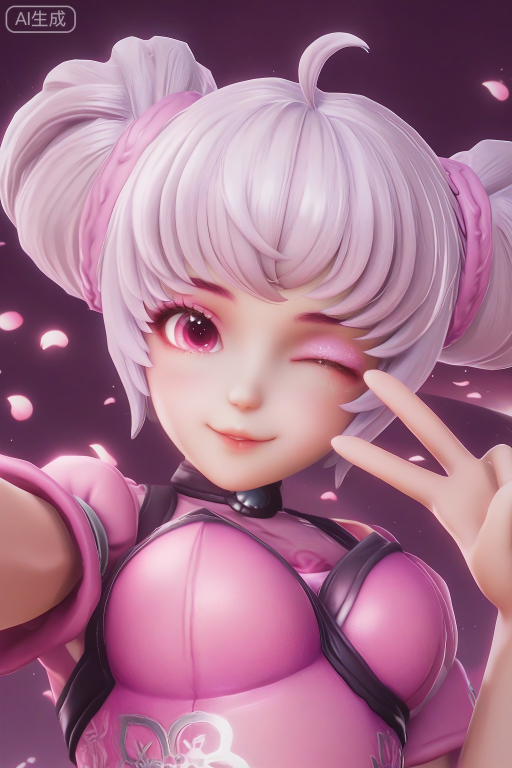 masterpiece, best quality, masterpiece,best quality,official art,extremely detailed CG unity 8k wallpaper,1girl,solo,looking at viewer,short hair,twintails,ahoge,white hair,pink eyes,double bun,realism,
pink background,petals,portrait,(smile:0.5),selfie stick,(v hand:1.15),one eye closed