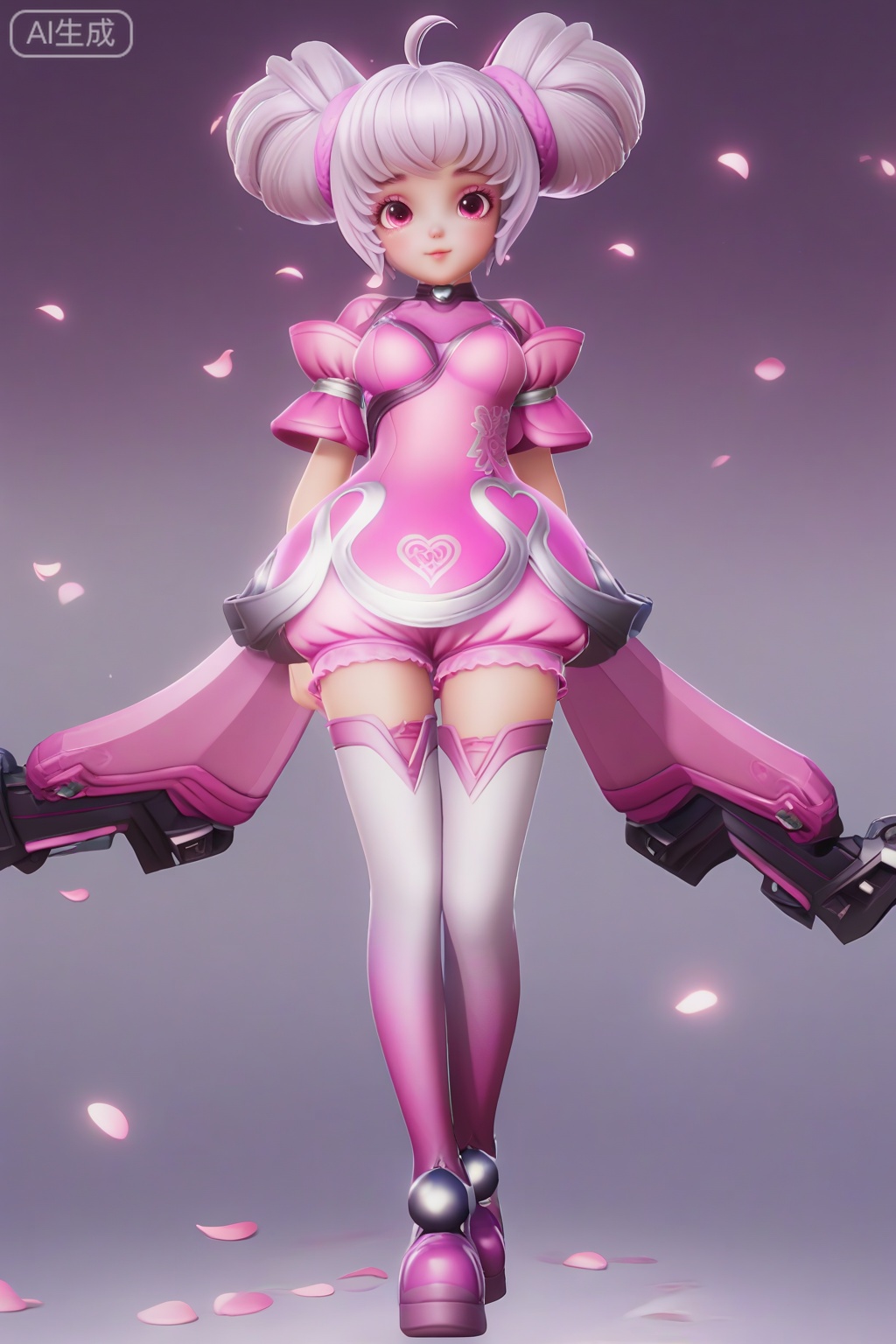 masterpiece, best quality, masterpiece,best quality,official art,extremely detailed CG unity 8k wallpaper,1girl,solo,looking at viewer,breasts,short hair,twintails,ahoge,white hair,pink eyes,double bun,bodysuit,petite girl,heart \(symbol\),realism,(white gradient pink thighhighs:1.3),shoes_off,
pink background,gradient background,full body,full body,petite girl,petals