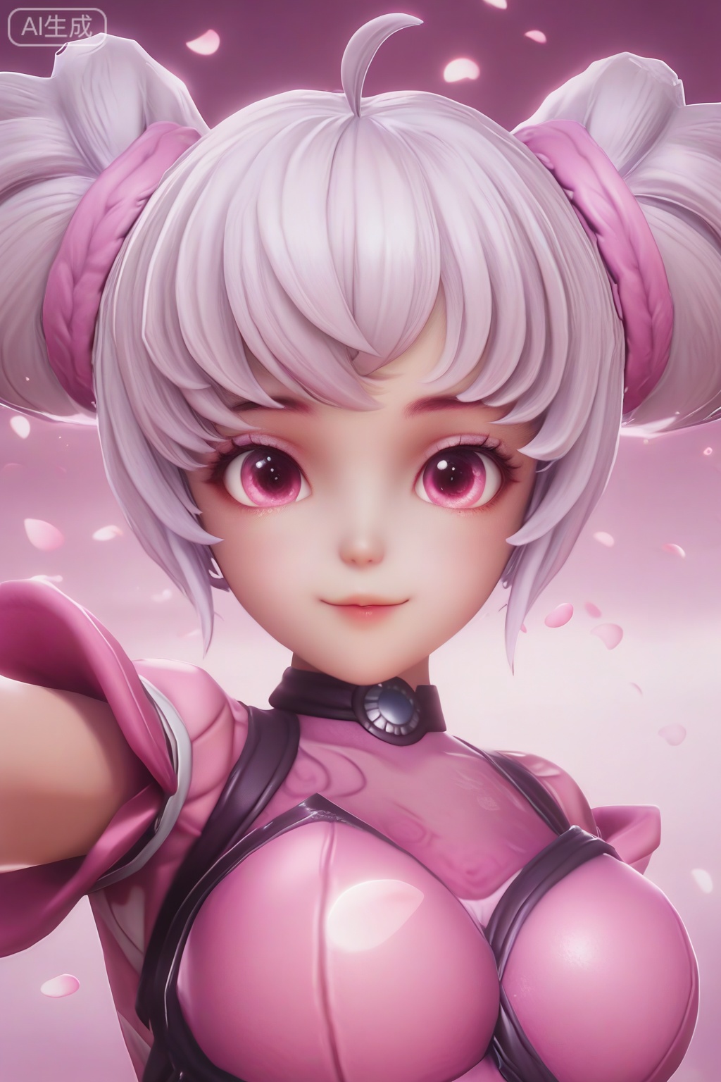 masterpiece, best quality, masterpiece,best quality,official art,extremely detailed CG unity 8k wallpaper,1girl,solo,looking at viewer,breasts,short hair,twintails,ahoge,white hair,pink eyes,double bun,bodysuit,realism,
pink background,petals,portrait,(smile:0.5),selfie stick