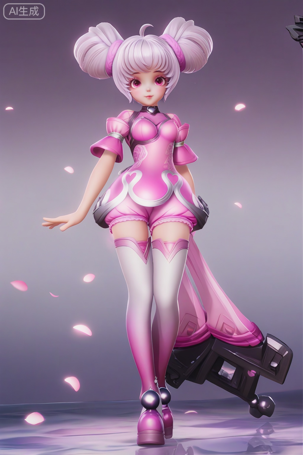 masterpiece, best quality, masterpiece,best quality,official art,extremely detailed CG unity 8k wallpaper,1girl,solo,looking at viewer,breasts,short hair,twintails,ahoge,white hair,pink eyes,double bun,bodysuit,petite girl,heart \(symbol\),realism,(white gradient pink thighhighs:1.3),shoes_off,
pink background,gradient background,full body,full body,petite girl,petals