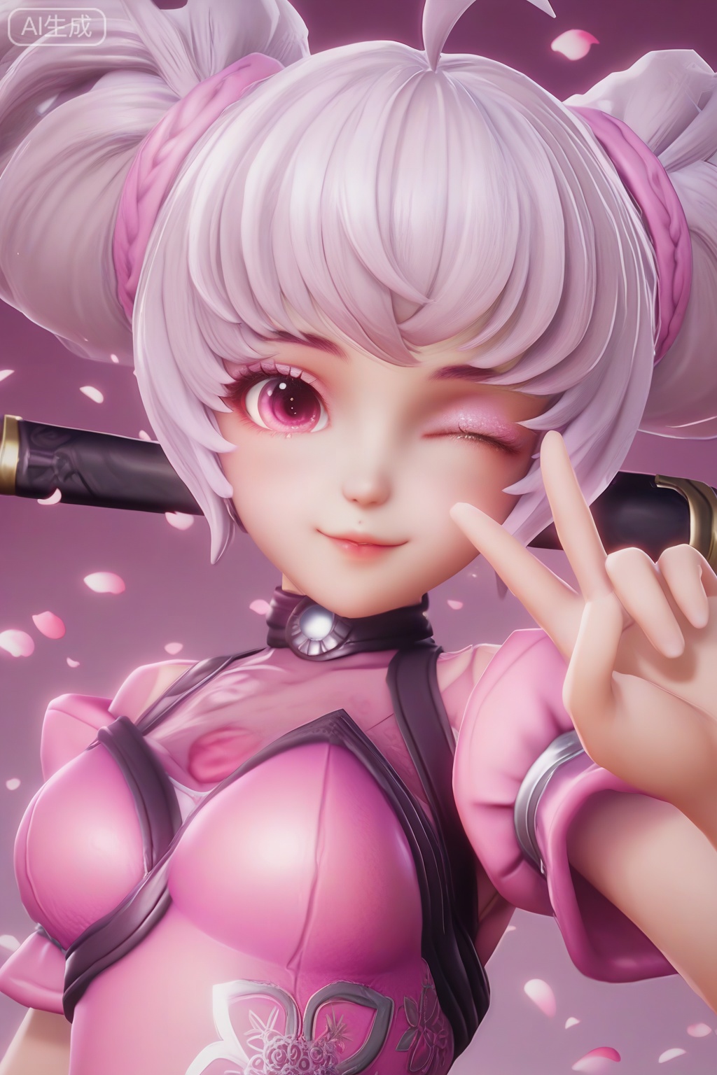 masterpiece, best quality, masterpiece,best quality,official art,extremely detailed CG unity 8k wallpaper,1girl,solo,looking at viewer,short hair,twintails,ahoge,white hair,pink eyes,double bun,realism,
pink background,petals,portrait,(smile:0.5),selfie stick,(v hand:1.2),one eye closed