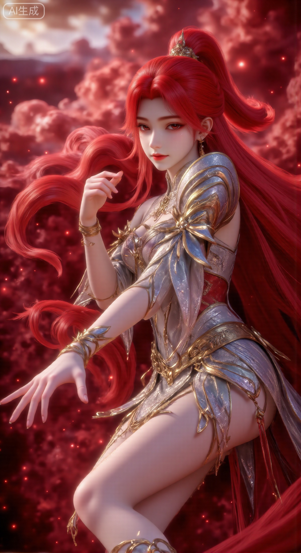*Core Subject**: Huo Yun'er from the Chinese anime "Bailian Cheng Shen" (Tempered into a God), with bright crimson hair tied high in a ponytail and adorned with a magnificent golden hair crown; a red floral ornament at the outer corner of her eye, delicate red lips, lying on her side in a lazy posture, with an expression that blends charm and valiance.
- **Costume Details**: Wearing armor interwoven with silver-gray and gold, the shoulder armor features a spiked design, and the exquisite patterns twist like flames; a golden bracelet on the wrist, and high-heeled shoes decorated with gold; the armor has a cold, hard texture but highlights the curvy figure of the young girl.
- **Background & Atmosphere**: Surrounded by crimson mist, dotted with warm golden light spots; the overall color tone leans towards warm red and gold, creating a dreamy yet dynamic atmosphere of the cultivation world.
- **Style Requirements**: Chinese anime 3D modeling style, extreme attention to details (hair strands, armor patterns, accessories), rich light and shadow layers, delicate picture texture, combining charm and valiance, cinematic lighting, high-definition texture.
