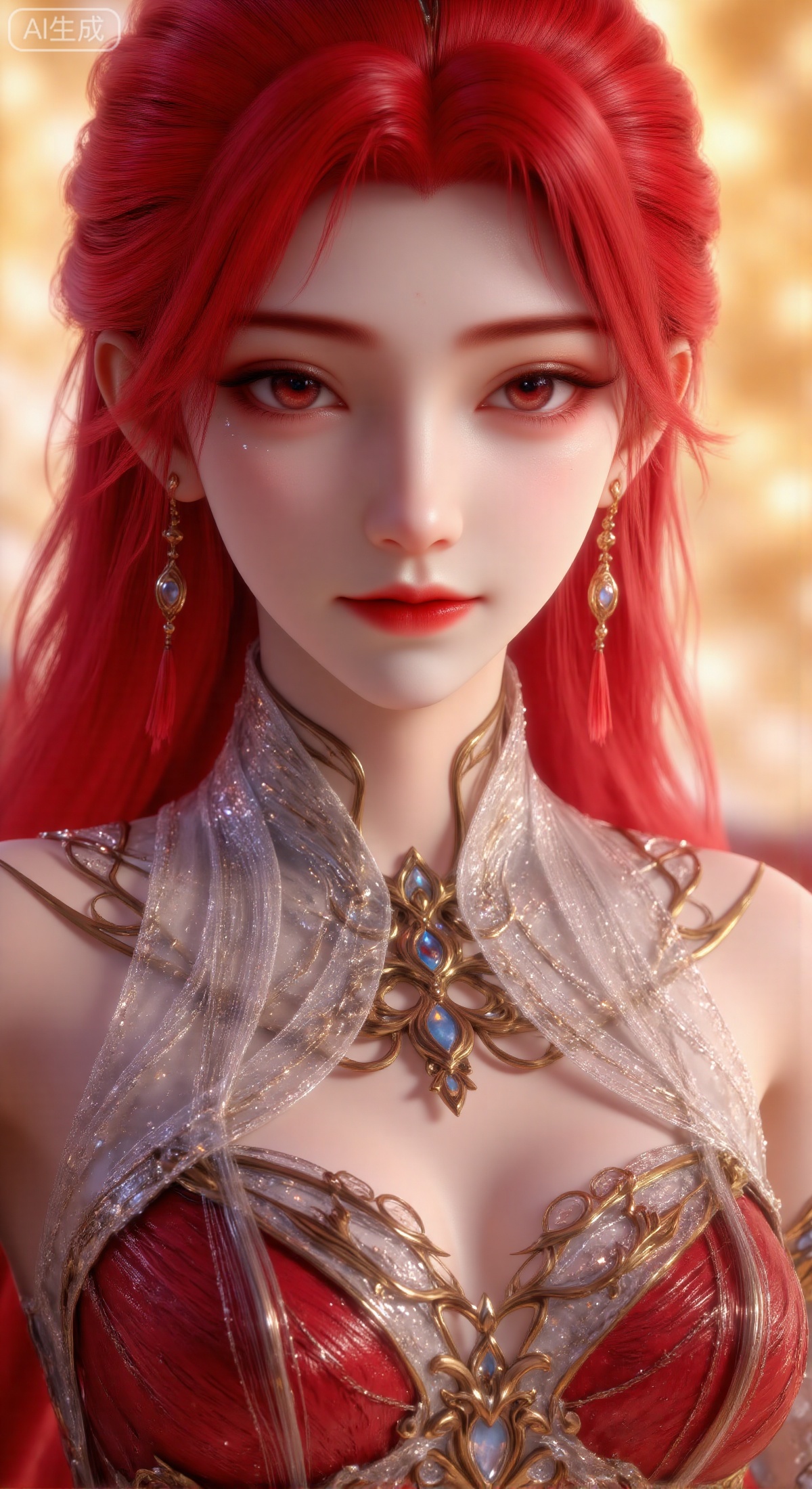 "A stunning Oriental woman with vibrant red, silky hair, exquisite facial features including delicately curved eyes with light makeup and bright red lips. She is adorned in elaborate attire featuring intricate patterns, metallic accents, and a translucent gauze collar, complemented by a lavish golden necklace. The scene is a close-up portrait with a softly blurred warm yellow background, creating a harmonious contrast that highlights her noble and cool elegance. Masterpiece, high detail, photorealistic."