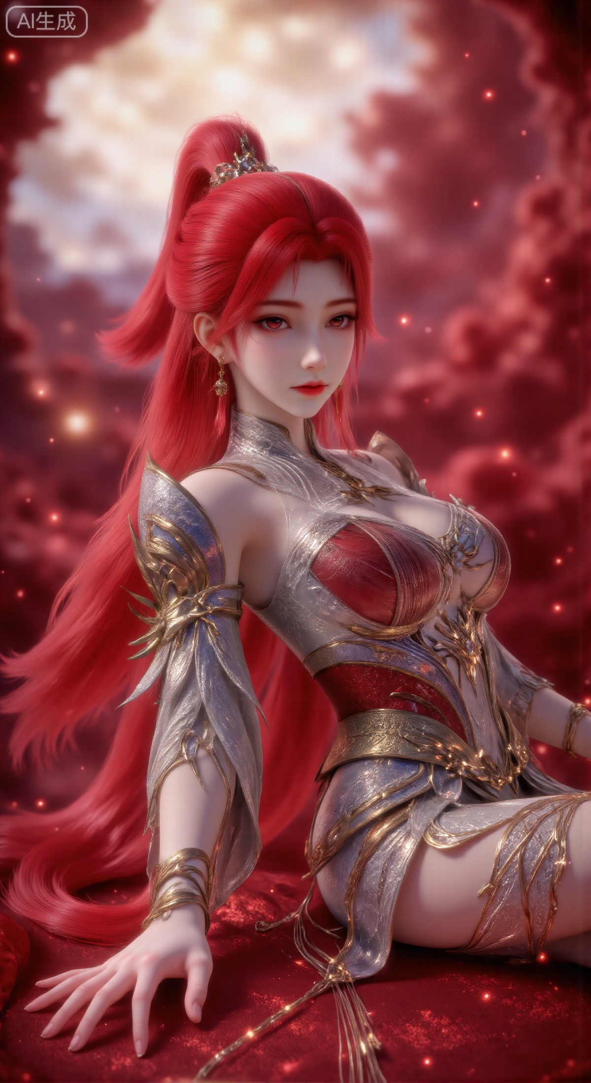 *Core Subject**: Huo Yun'er from the Chinese anime "Bailian Cheng Shen" (Tempered into a God), with bright crimson hair tied high in a ponytail and adorned with a magnificent golden hair crown; a red floral ornament at the outer corner of her eye, delicate red lips, lying on her side in a lazy posture, with an expression that blends charm and valiance.
- **Costume Details**: Wearing armor interwoven with silver-gray and gold, the shoulder armor features a spiked design, and the exquisite patterns twist like flames; a golden bracelet on the wrist, and high-heeled shoes decorated with gold; the armor has a cold, hard texture but highlights the curvy figure of the young girl.
- **Background & Atmosphere**: Surrounded by crimson mist, dotted with warm golden light spots; the overall color tone leans towards warm red and gold, creating a dreamy yet dynamic atmosphere of the cultivation world.
- **Style Requirements**: Chinese anime 3D modeling style, extreme attention to details (hair strands, armor patterns, accessories), rich light and shadow layers, delicate picture texture, combining charm and valiance, cinematic lighting, high-definition texture.,Animation style
