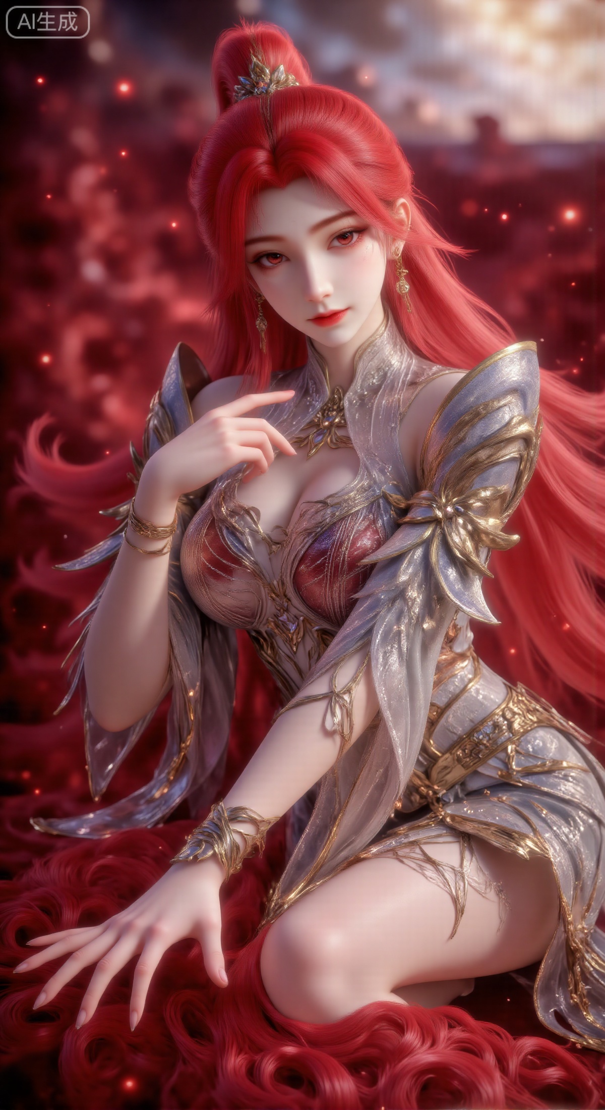 *Core Subject**: Huo Yun'er from the Chinese anime "Bailian Cheng Shen" (Tempered into a God), with bright crimson hair tied high in a ponytail and adorned with a magnificent golden hair crown; a red floral ornament at the outer corner of her eye, delicate red lips, lying on her side in a lazy posture, with an expression that blends charm and valiance.
- **Costume Details**: Wearing armor interwoven with silver-gray and gold, the shoulder armor features a spiked design, and the exquisite patterns twist like flames; a golden bracelet on the wrist, and high-heeled shoes decorated with gold; the armor has a cold, hard texture but highlights the curvy figure of the young girl.
- **Background & Atmosphere**: Surrounded by crimson mist, dotted with warm golden light spots; the overall color tone leans towards warm red and gold, creating a dreamy yet dynamic atmosphere of the cultivation world.
- **Style Requirements**: Chinese anime 3D modeling style, extreme attention to details (hair strands, armor patterns, accessories), rich light and shadow layers, delicate picture texture, combining charm and valiance, cinematic lighting, high-definition texture.,Animation style