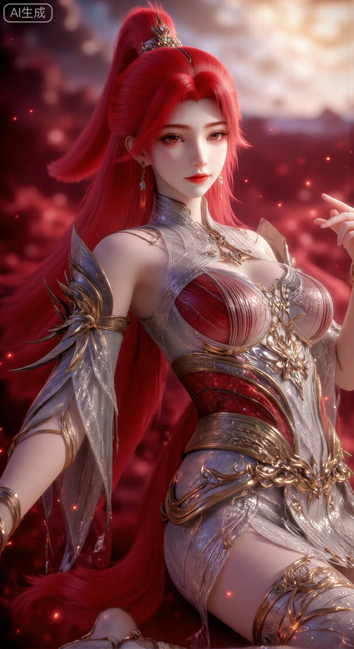 *Core Subject**: Huo Yun'er from the Chinese anime "Bailian Cheng Shen" (Tempered into a God), with bright crimson hair tied high in a ponytail and adorned with a magnificent golden hair crown; a red floral ornament at the outer corner of her eye, delicate red lips, lying on her side in a lazy posture, with an expression that blends charm and valiance.
- **Costume Details**: Wearing armor interwoven with silver-gray and gold, the shoulder armor features a spiked design, and the exquisite patterns twist like flames; a golden bracelet on the wrist, and high-heeled shoes decorated with gold; the armor has a cold, hard texture but highlights the curvy figure of the young girl.
- **Background & Atmosphere**: Surrounded by crimson mist, dotted with warm golden light spots; the overall color tone leans towards warm red and gold, creating a dreamy yet dynamic atmosphere of the cultivation world.
- **Style Requirements**: Chinese anime 3D modeling style, extreme attention to details (hair strands, armor patterns, accessories), rich light and shadow layers, delicate picture texture, combining charm and valiance, cinematic lighting, high-definition texture.,Animation style