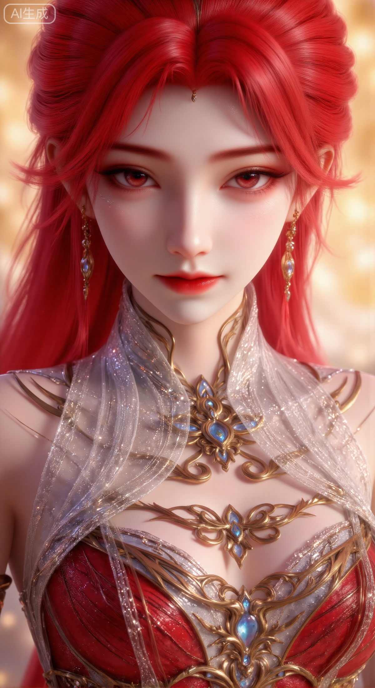 "A stunning Oriental woman with vibrant red, silky hair, exquisite facial features including delicately curved eyes with light makeup and bright red lips. She is adorned in elaborate attire featuring intricate patterns, metallic accents, and a translucent gauze collar, complemented by a lavish golden necklace. The scene is a close-up portrait with a softly blurred warm yellow background, creating a harmonious contrast that highlights her noble and cool elegance. Masterpiece, high detail, photorealistic."