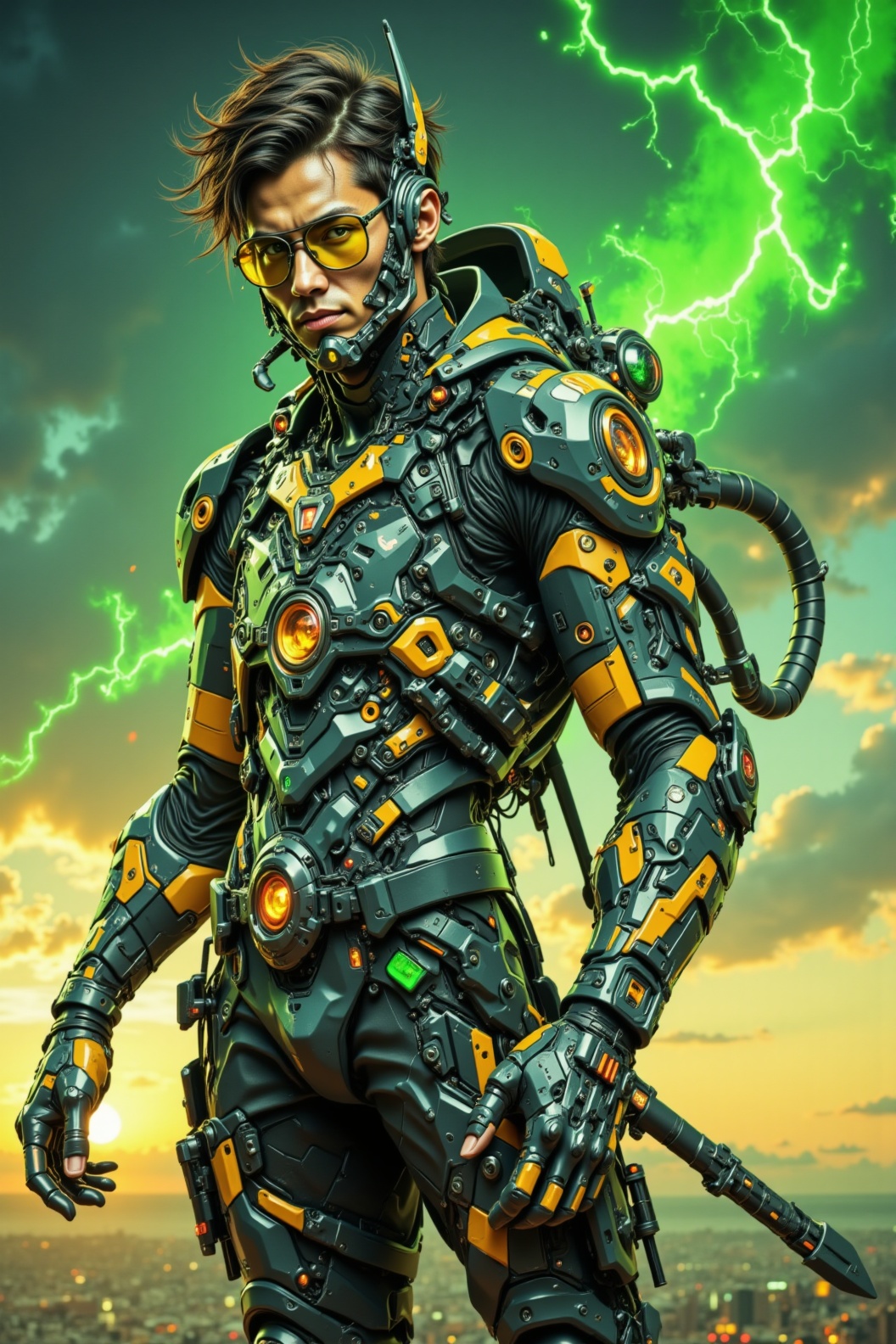 In a "meta-modified" pose,  a unique fusion of human and machine. The artwork showcases his distinctive costume and the hy...