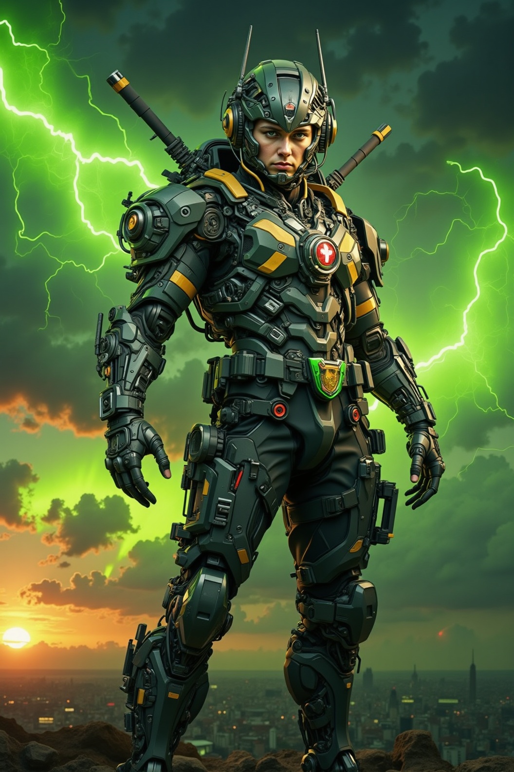 In a "meta-modified" pose,  a unique fusion of human and machine. The artwork showcases his distinctive costume and the hy...
