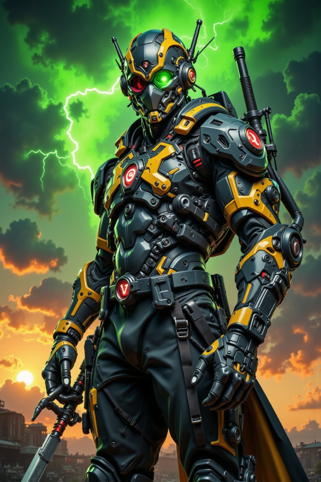 In a "meta-modified" pose,  a unique fusion of human and machine. The artwork showcases his distinctive costume and the hy...