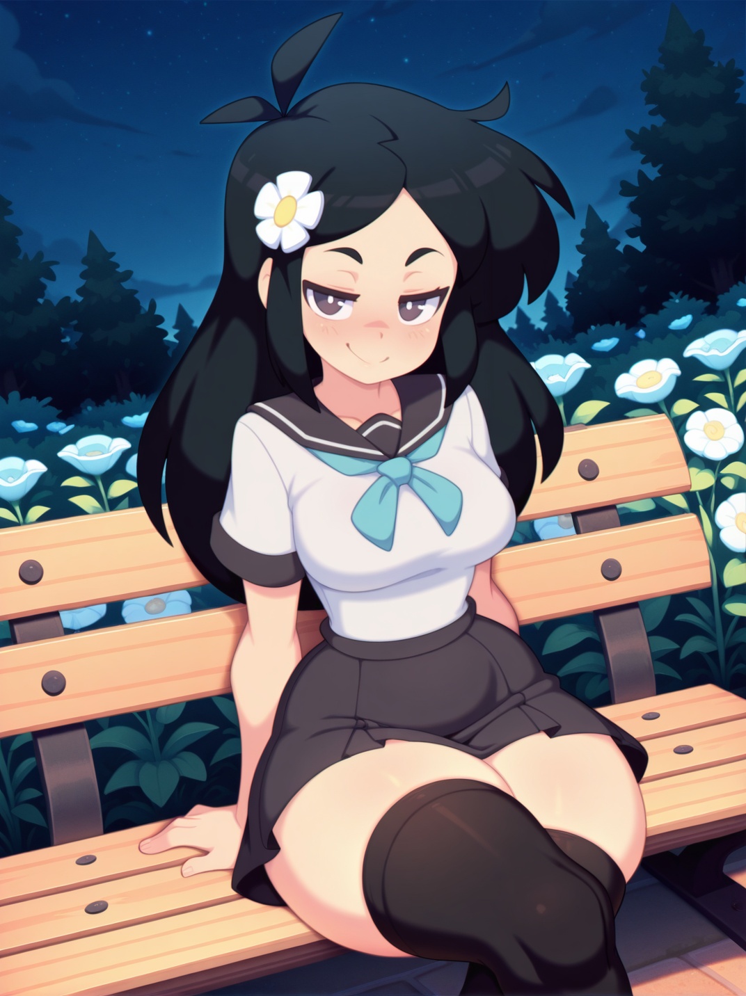 BlueBreedXL,  girl sitting in a bench,  hands on thighs on Tensor.Art