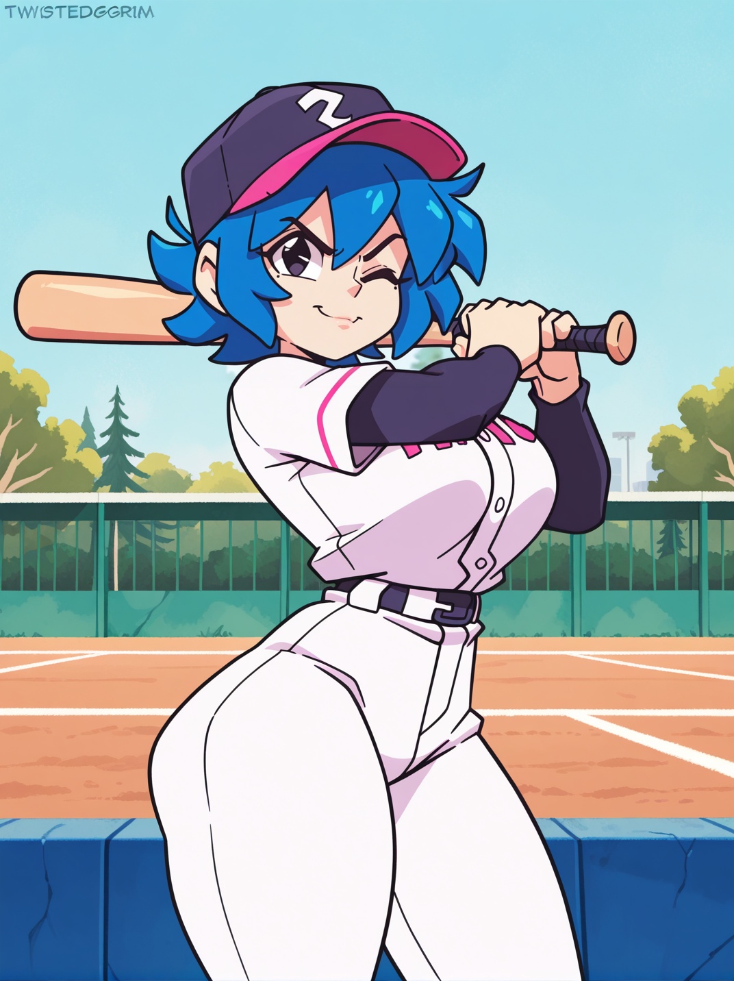 girl holding a baseball bat,  outdoors,  sky on Tensor.Art