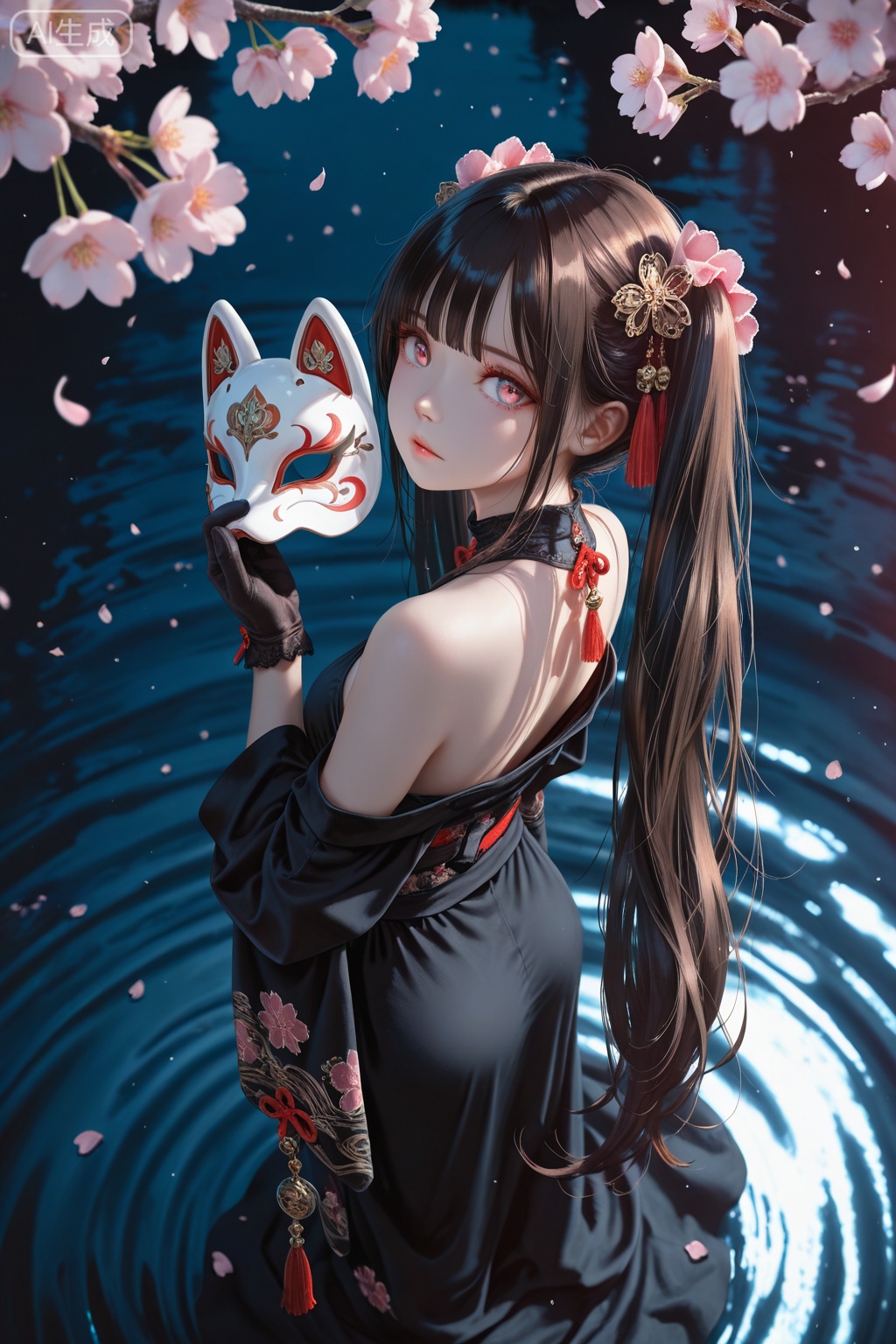 masterpiece,absurdres,best quality,high quality,chromatic_aberration,night,darkness,black theme,photorealistic,high contrast,high saturation//,artist:torino aqua,artist:rhasta,artist:wlop,artist:ke-ta,artist:hiten \(hitenkei\),//,1girl, solo, long hair, looking at viewer, bangs, brown hair, black hair, hair ornament, gloves, holding, bare shoulders, twintails, very long hair, standing, full body, looking back, pink eyes, water, from behind, mask, from above, cherry blossoms, mask removed, holding mask