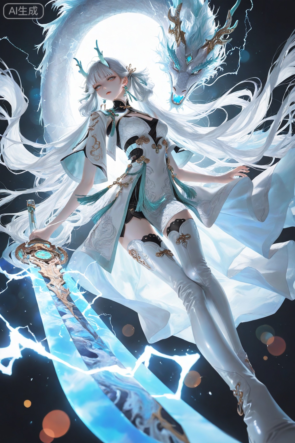 ddxg,zxww,1girl,solo,long hair,dress,holding,jewelry,very long hair,weapon,white hair,earrings,horns,sword,holding weapon,holding sword,dynamic pose,dragon,electricity,jinhsi,jinhsi \(wuthering waves\),clothes:def white dress,1girl,jewelry,long hair,thigh boots,default clothes,
backlighting,blue and white theme,depth of field,cinematic lighting,light particles,lens flare,(artist:quasarcake:0.8),extreme aesthetic,(wlop:0.6),masterpiece,best quality,good quality,newest,year 2024,year 2023,very aesthetic,absurdres,Visual impact,A shot with tension,ultra-high resolution,32K UHD,sharp focus,best-quality,masterpiece,Emotionalization,unconventional supreme masterpiece,masterful details,temperate atmosphere,with a high-end texture,in the style of fashion photography,(Visual impact:1.2),giving the poster a dynamic and visually striking appearance,impactful picture,offcial art,colorful,splash of color,movie perspective,masterpiece,best quality,amazing quality,very aesthetic,absurdres,best quality,newest,magazine cover,cover,