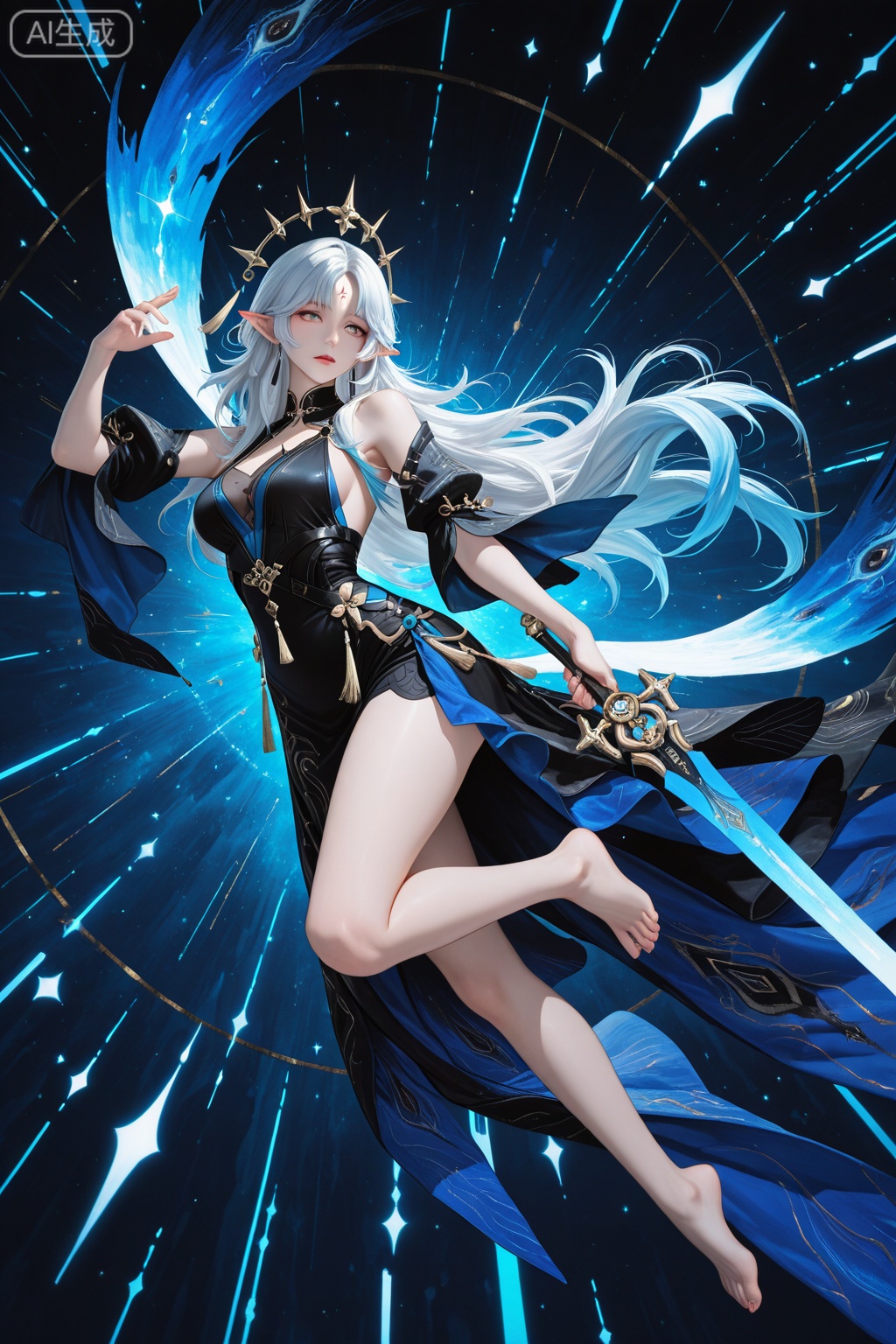 Fleurdelys \(wuthering waves\), clothes: Fleurdelys sexy style clothes, large blue levitating spiked circlet, Fleurdelys white and black dress, forehead mark with forehead horn, blue long detached train clothes, 1girl, long hair, pointy ears, barefoot, jewelry, mature female, line art,line style,
,masterpiece,best quality,very aesthetic,highres,absurdres,sensitive,buzhidao228 style
 This painting depicts a female character from a game standing confidently in the foreground. She held her long sword high in one hand, suspended in mid air. The background is dark and abstract, with vortex patterns and scattered red, blue, and white fragments. The fragments seem to be a mixture of sharp, angular fragments and sparkling colored lines, giving a feeling of dynamic movement. The painting is rich in details, with ultra-high image quality, vivid characters, obvious light and shadow contrast, and lively and vibrant color tones.