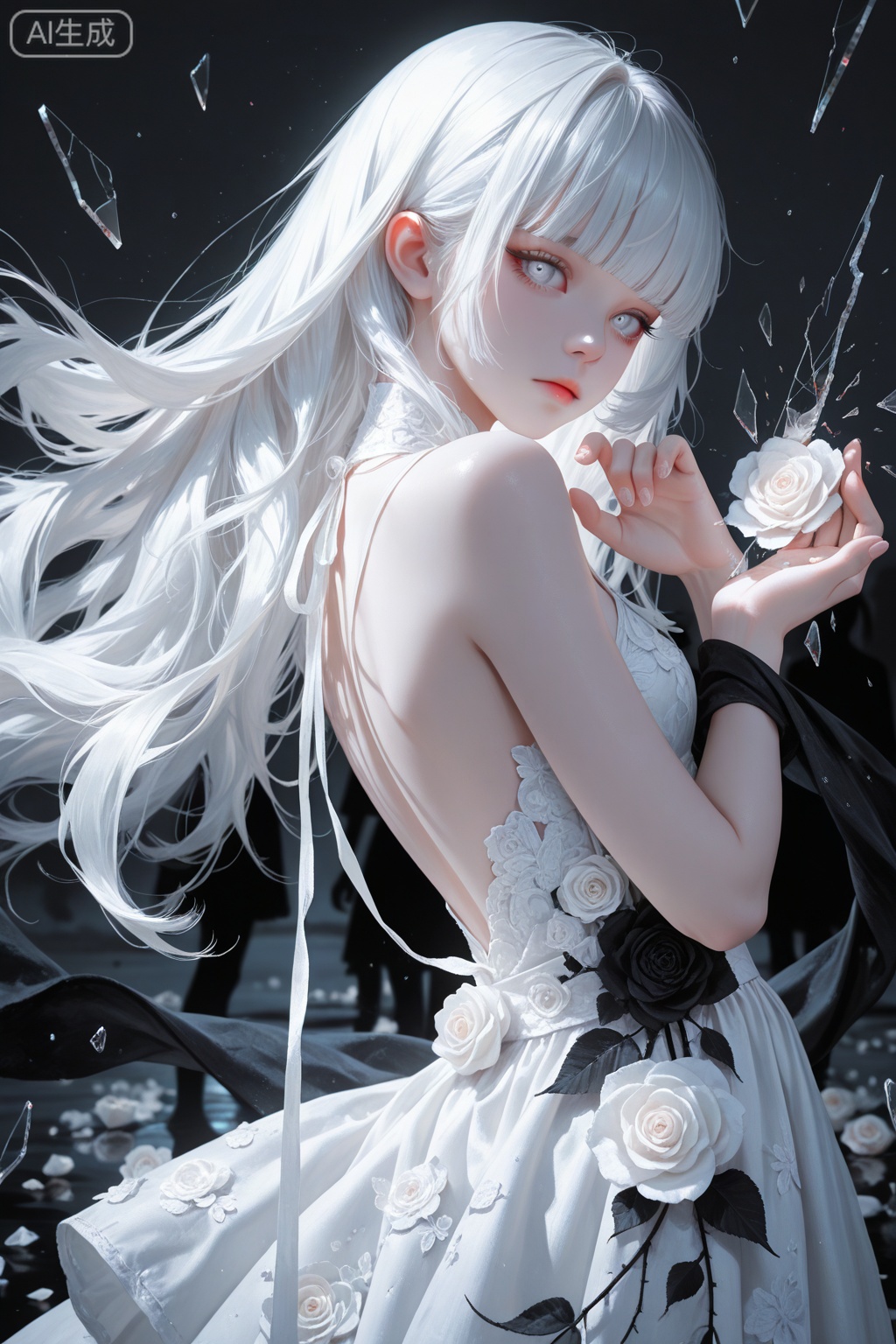 masterpiece,absurdres,best quality,high quality,chromatic_aberration,Night,darkness,black theme, //, 1girl, solo, long hair, dress, looking at viewer, grey eyes, white eyes, glass, white dress, white hair, flower, closed mouth, broken glass, white theme, bare shoulders, white flower, glass shards, water, dress flower, reaching, reaching towards viewer, watermark, sleeveless, reflection, white rose, expressionless, sleeveless dress, standing, blunt bangs, crack, cowboy shot, grey theme, breaking, rose, shards, hands up, backless outfit, artist name, fingernails, upper body, shawl, eyelashes //, (monochrome:1.2),(silhouette:1.2),oil painting \(medium\),brushstroke,taitai,(maccha (mochancc):0.6),(suzumi (ccroquette):0.7),(wlop:0.6),(reoen:0.6),(tianliang duohe fangdongye:0.7),(rhasta:0.6),very awa,very aesthetic,extreme aesthetic, //, highres,HDR,8K,high contrast,illustration,depth of field,(colorful),Tyndall effect,contrast,lens flare,