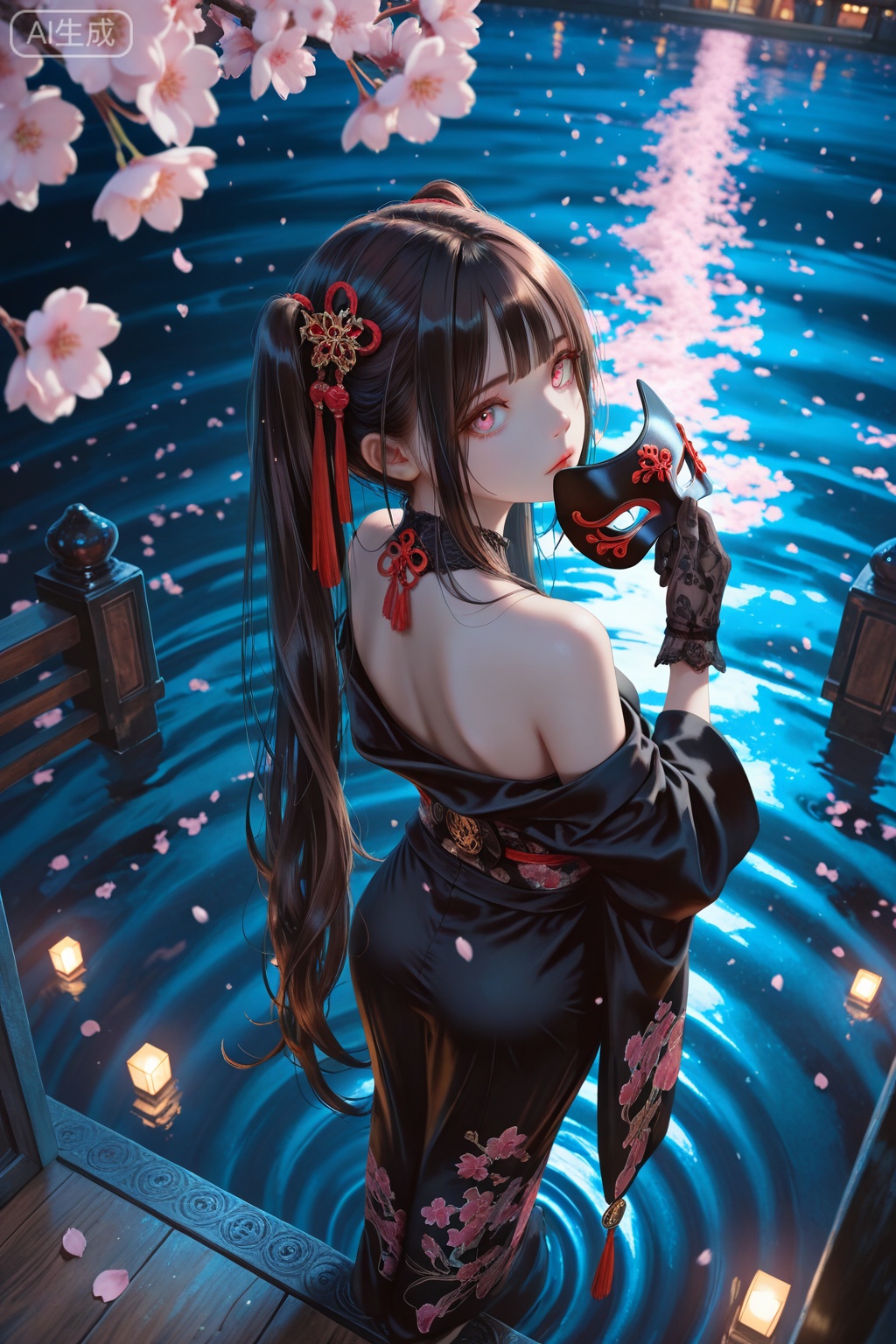 masterpiece,absurdres,best quality,high quality,chromatic_aberration,night,darkness,black theme,photorealistic,high contrast,high saturation//,artist:torino aqua,artist:rhasta,artist:wlop,artist:ke-ta,artist:hiten \(hitenkei\),//,1girl, solo, long hair, looking at viewer, bangs, brown hair, black hair, hair ornament, gloves, holding, bare shoulders, twintails, very long hair, standing, full body, looking back, pink eyes, water, from behind, mask, from above, cherry blossoms, mask removed, holding mask