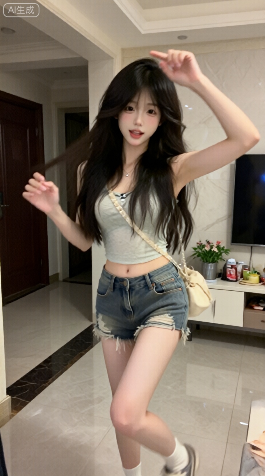 松弛感,权威的脸。手机拍摄风格,一位女生在家里跳舞,站在大理石地砖上。身材火辣,全身出镜。